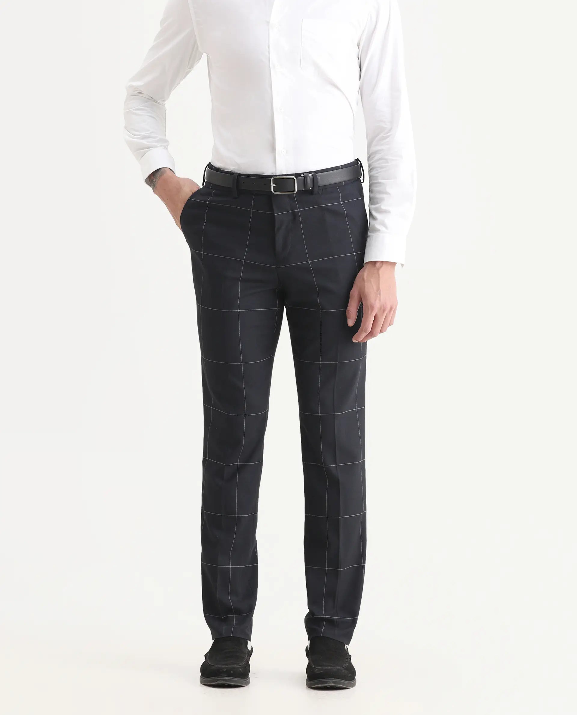 Rare Rabbit Men's Tim Navy Polyester Checked Print Tailored Fit Full Sleeve Lapel Neck Suits