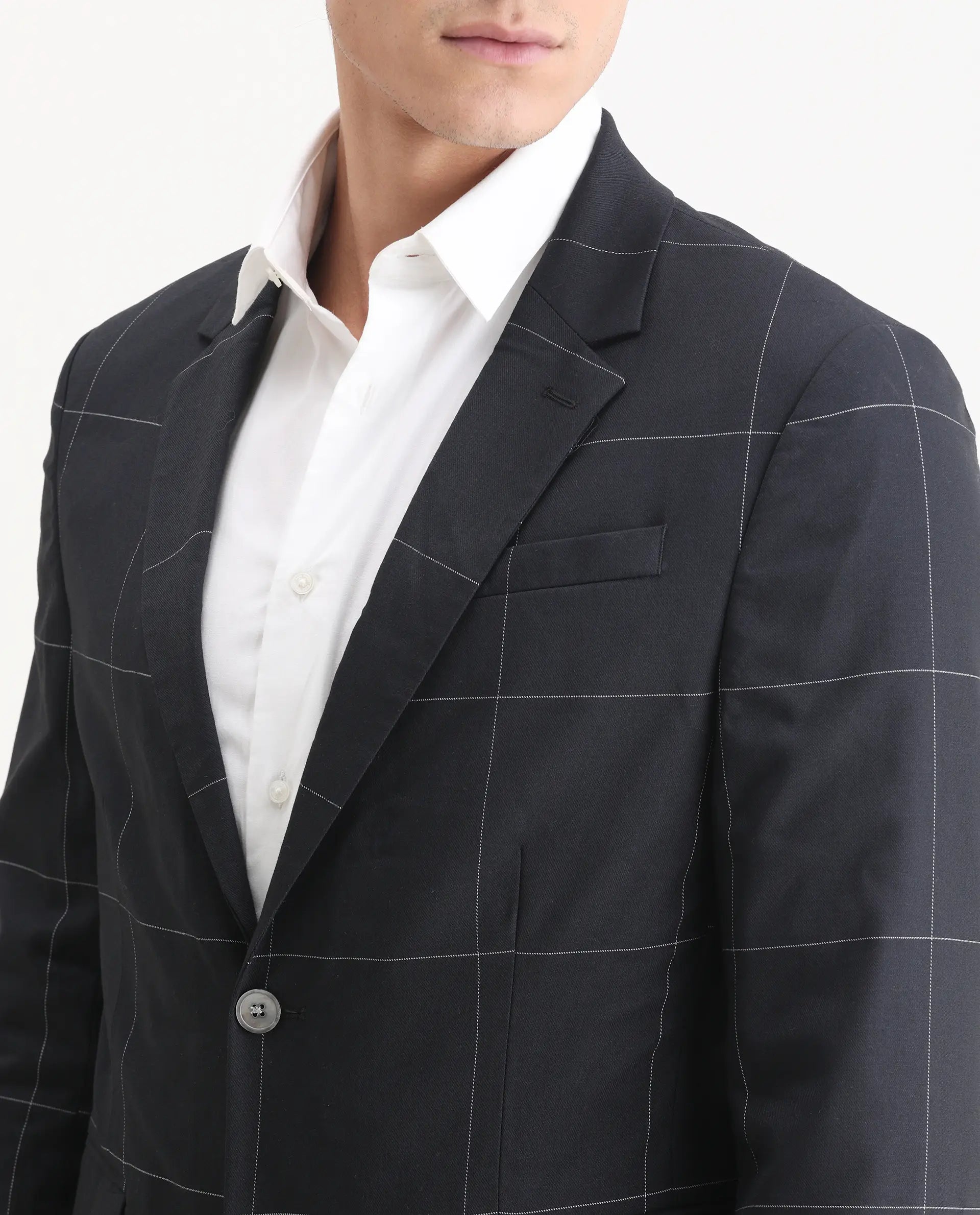 Rare Rabbit Men's Tim Navy Polyester Checked Print Tailored Fit Full Sleeve Lapel Neck Suits