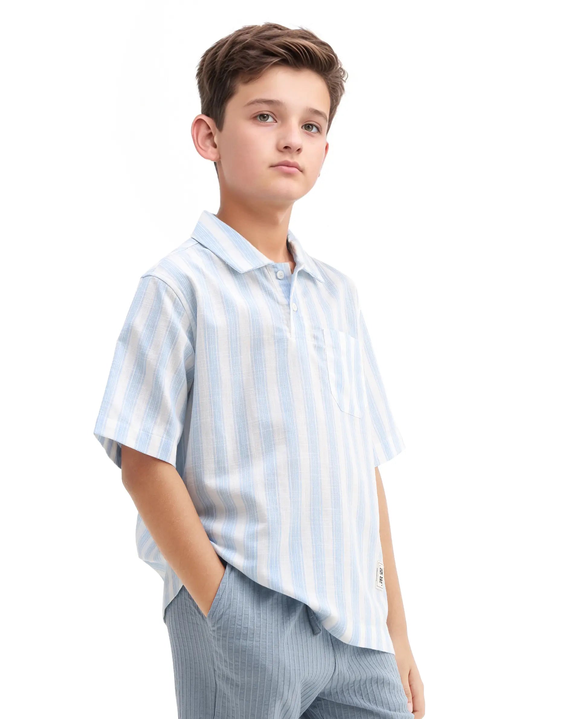 Rare Ones Kids Timo Blue Cotton Striped Button Closure Regular Fit Shirt