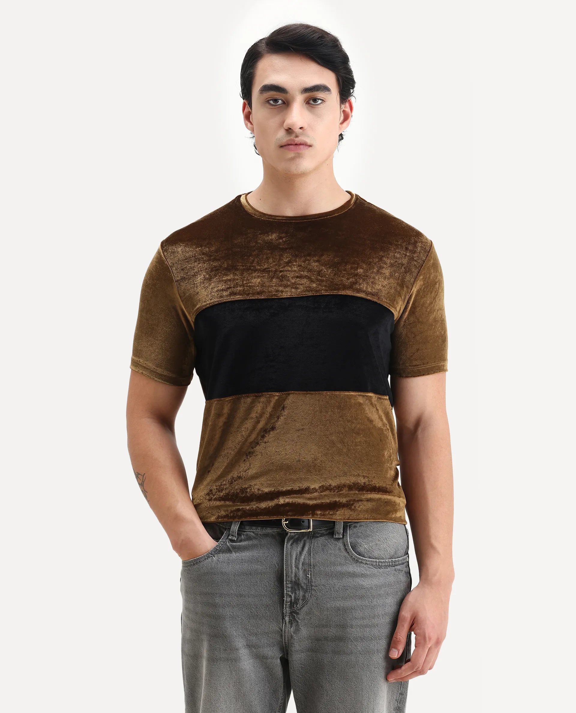 Rare Rabbit Men's Timos Mustard Velvet Ombre Slim Fit Half Sleeve Crew Neck T-Shirt