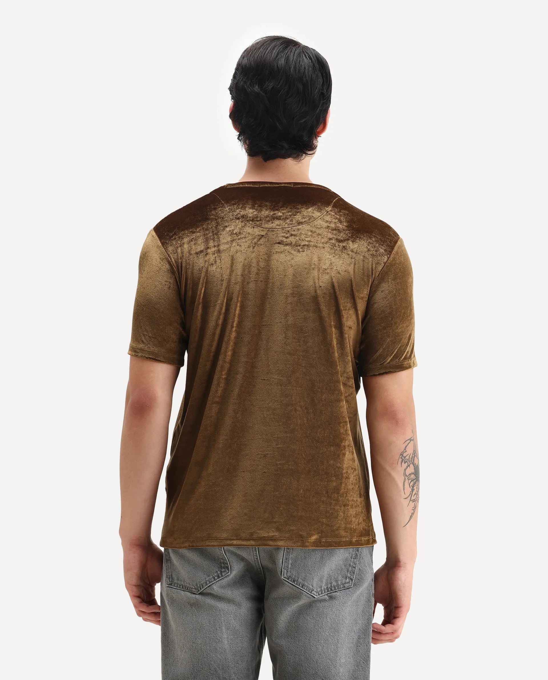 Rare Rabbit Men's Timos Mustard Velvet Ombre Slim Fit Half Sleeve Crew Neck T-Shirt