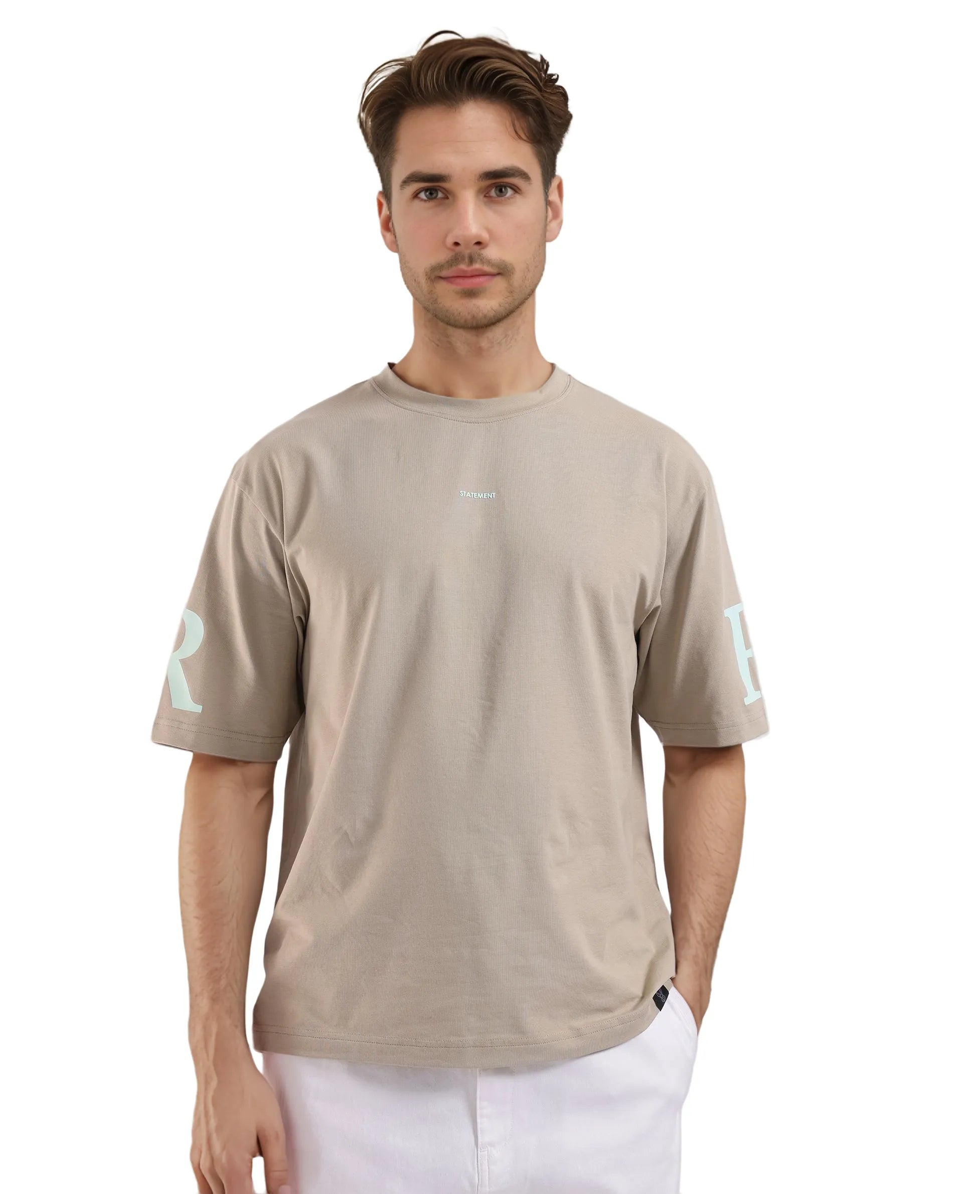 Rare Rabbit Men Tin Beige Short Sleeves Crew Neck Oversized Fit Digital Print T-Shirt