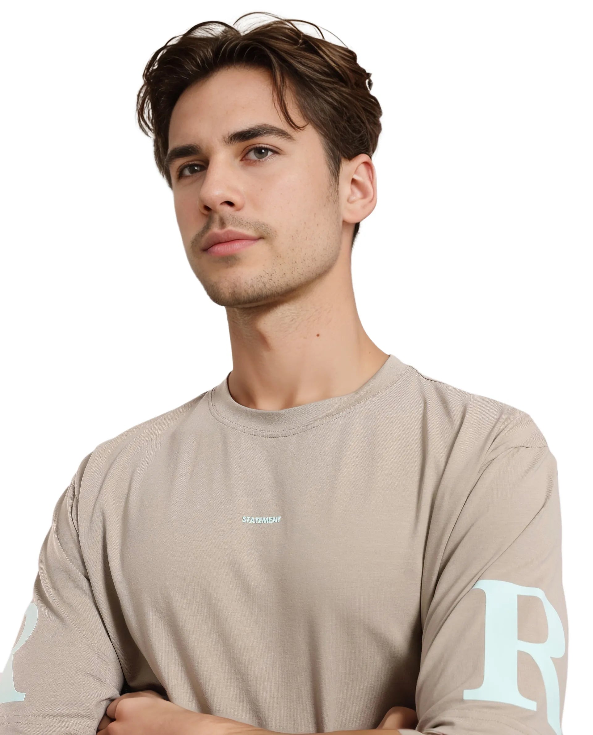 Rare Rabbit Men Tin Beige Short Sleeves Crew Neck Oversized Fit Digital Print T-Shirt