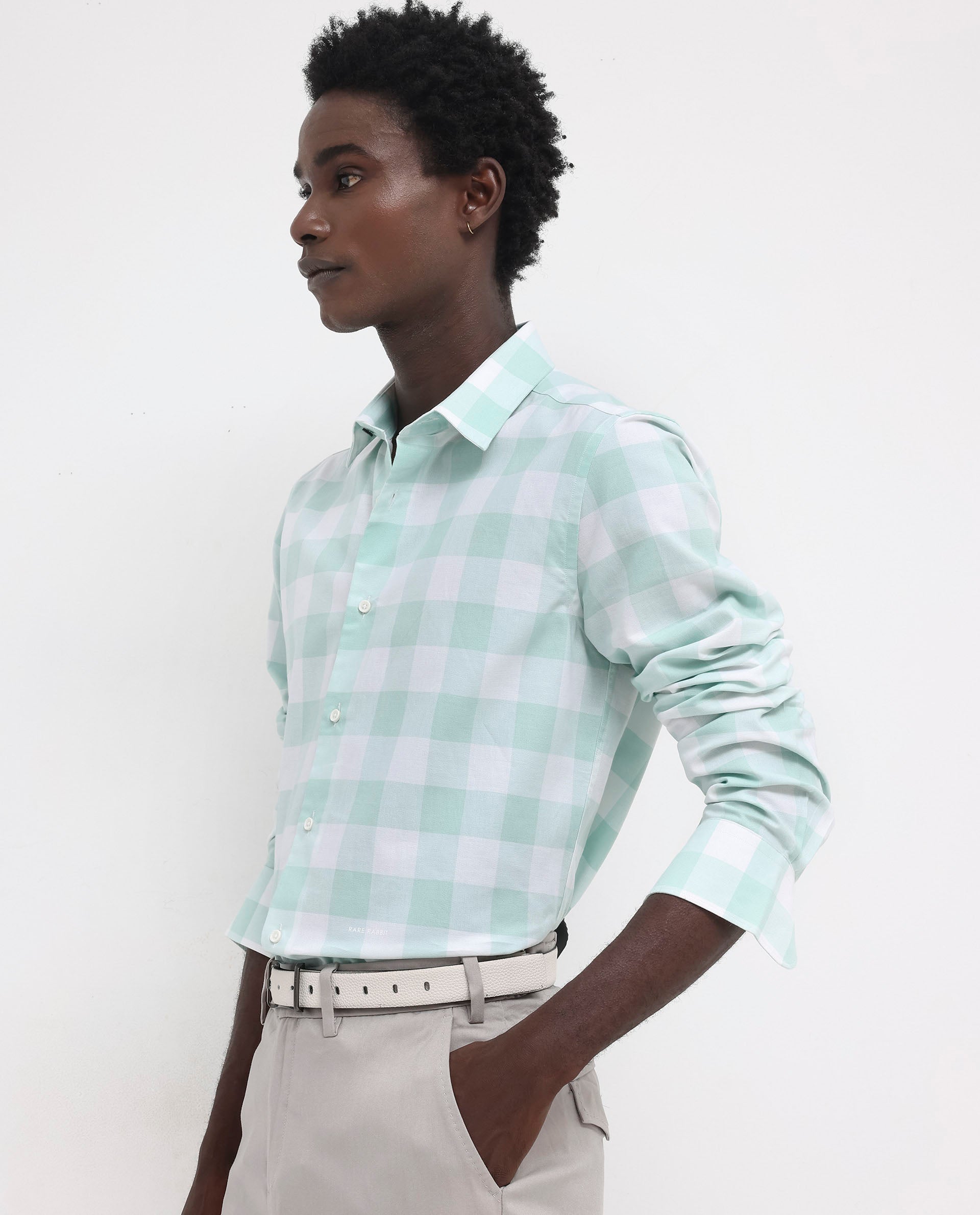 Rare Rabbit Men's Tinker Dark Turq Cotton Fabric Full Sleeve Regular Fit Gingham Checks Shirt