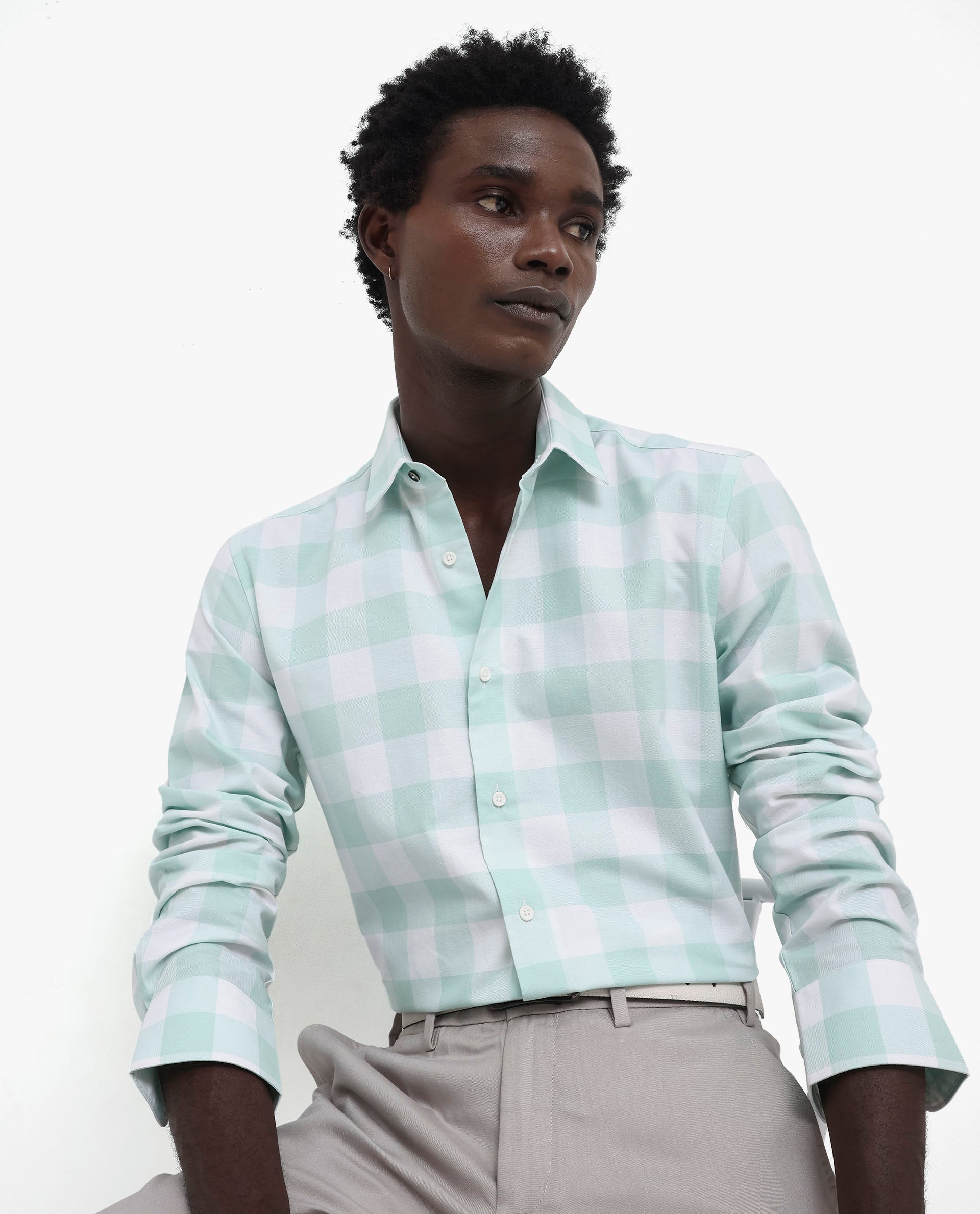 Rare Rabbit Men's Tinker Dark Turq Cotton Fabric Full Sleeve Regular Fit Gingham Checks Shirt