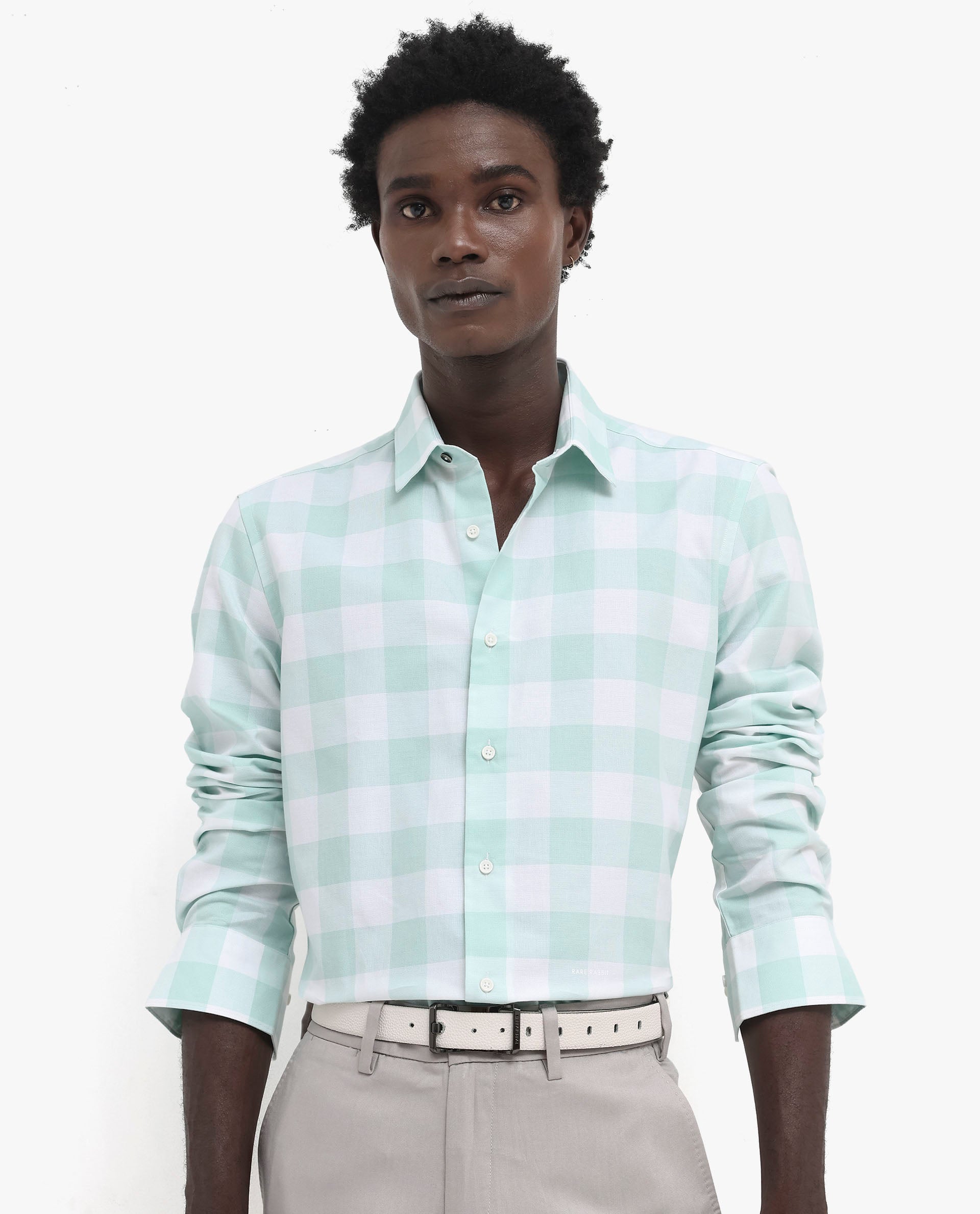 Rare Rabbit Men's Tinker Dark Turq Cotton Fabric Full Sleeve Regular Fit Gingham Checks Shirt