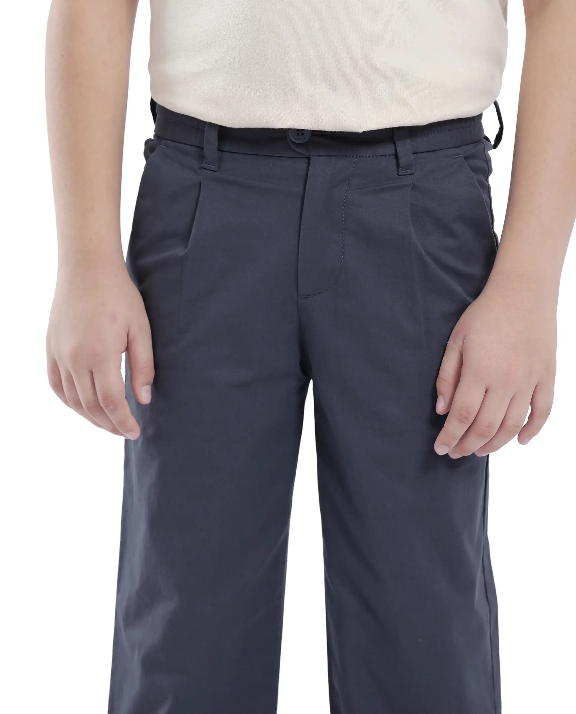 Rare Ones Kids Tino Navy Cotton Plain Button And Zip Closure Regular Fit Trouser