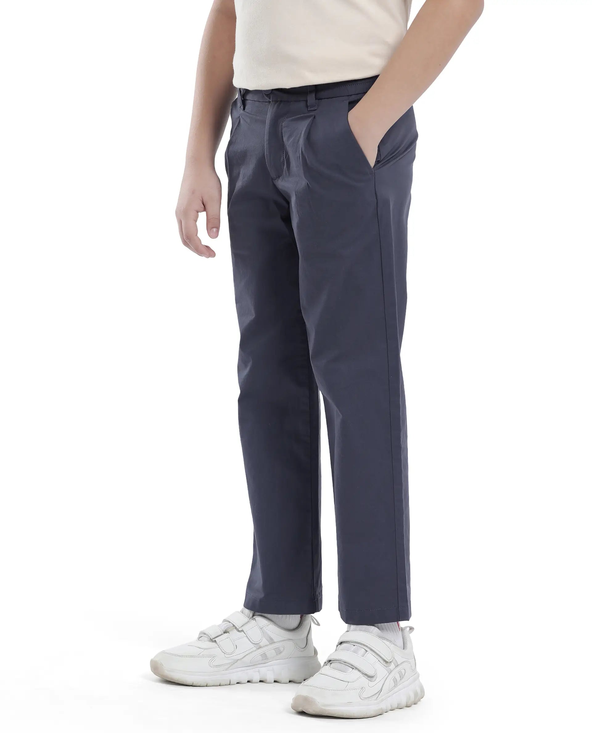 Rare Ones Kids Tino Navy Cotton Plain Button And Zip Closure Regular Fit Trouser