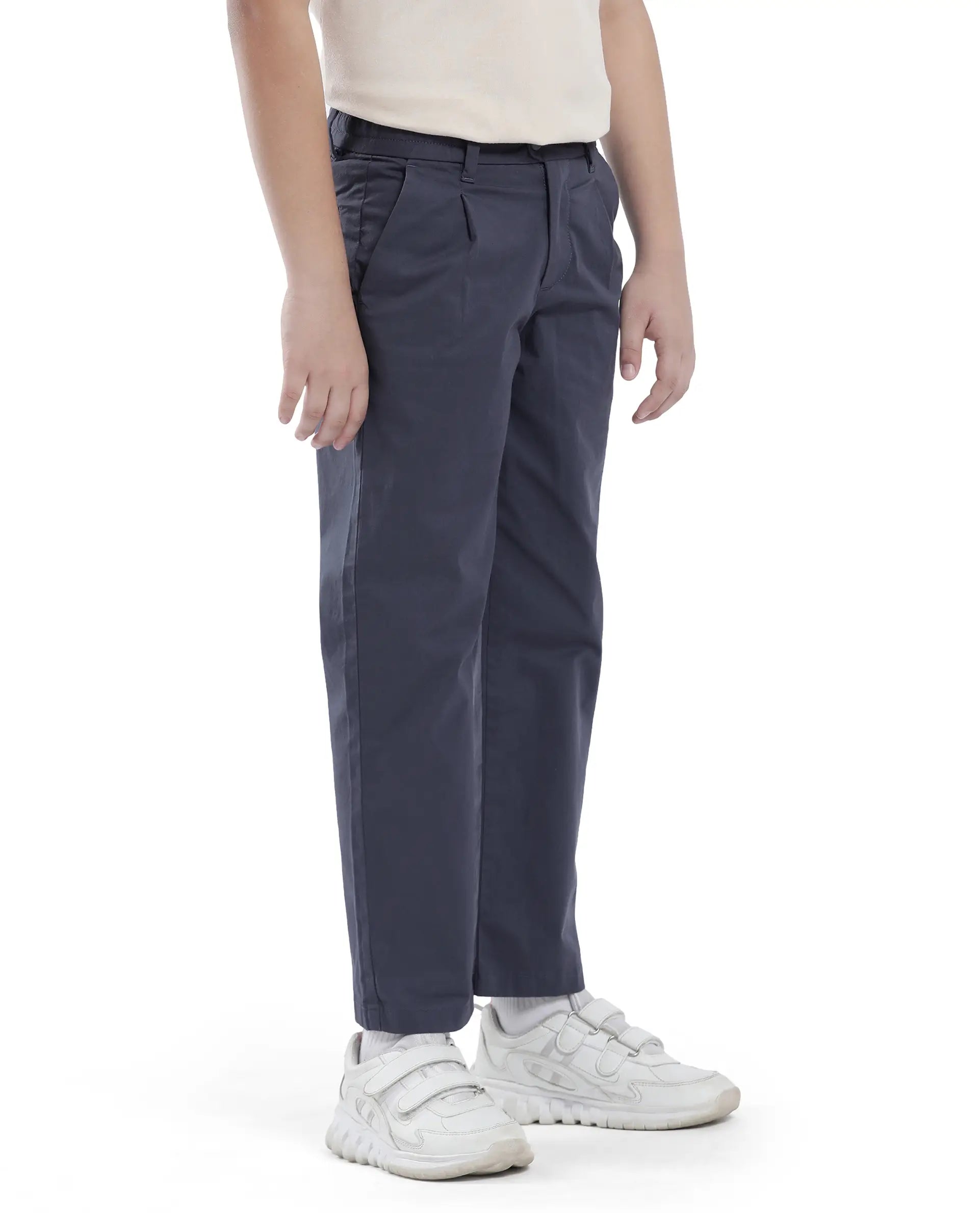Rare Ones Kids Tino Navy Cotton Plain Button And Zip Closure Regular Fit Trouser