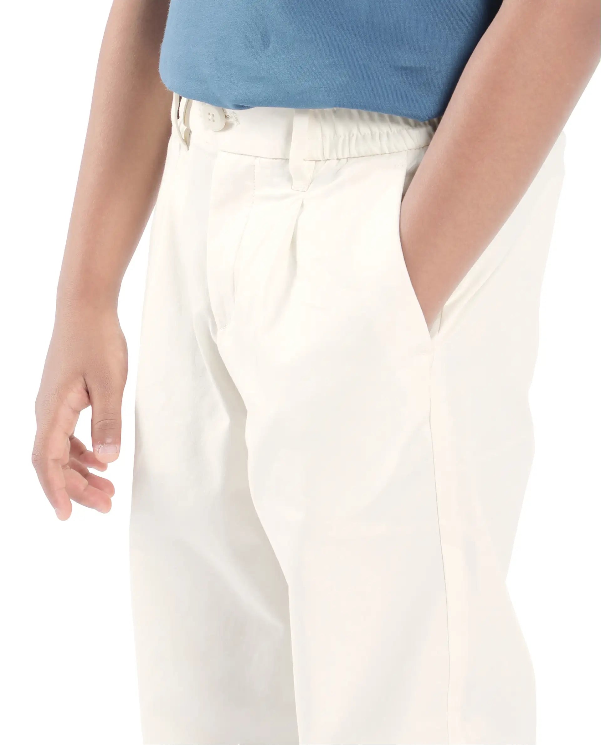 Rare Ones Kids Tilt Off White Cotton Plain Button And Zip Closure Regular Fit Trouser