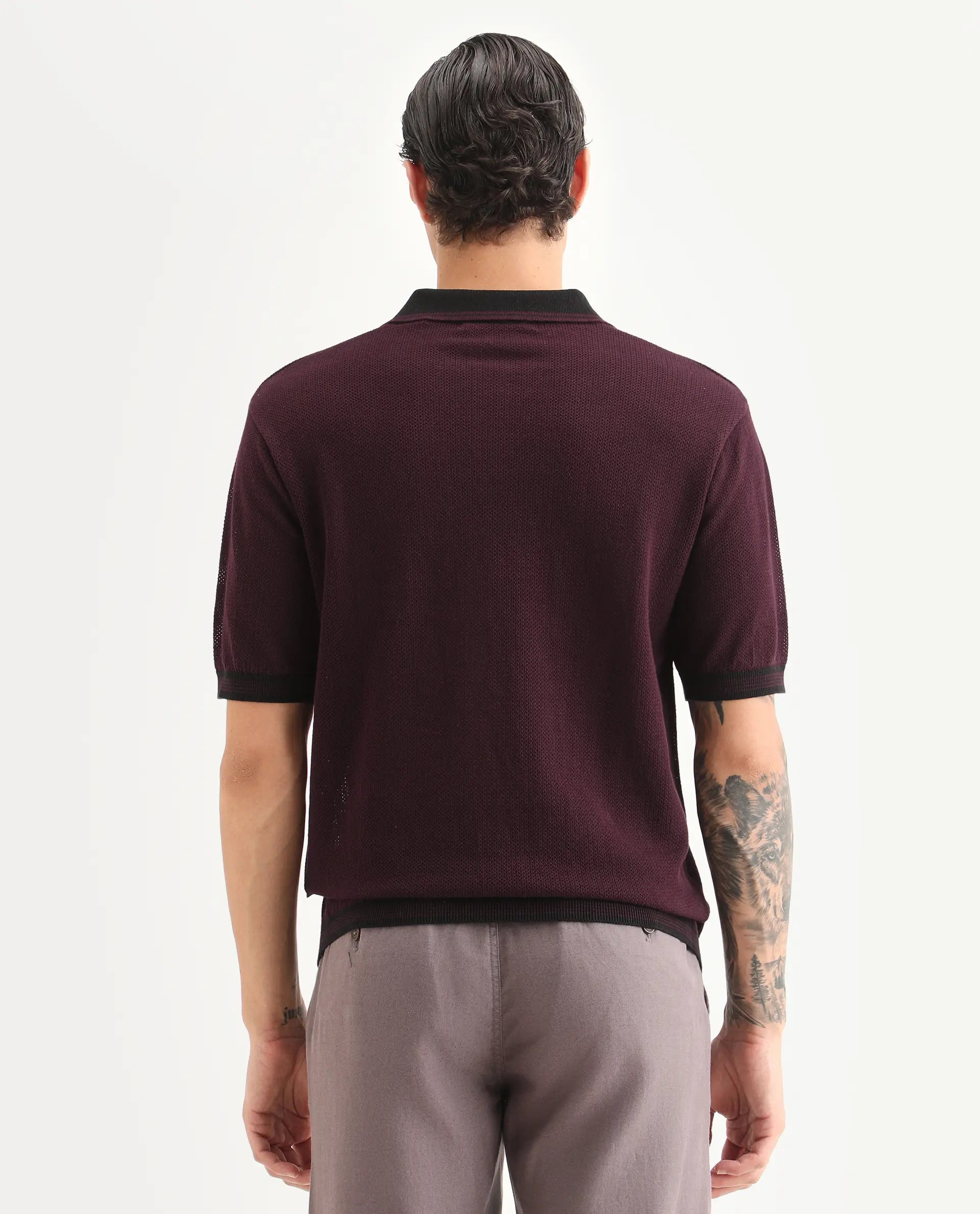 Rare Rabbit Men's Tipo Pastel Maroon Cotton Fabric Half Sleeve Regular Fit Textured Polo