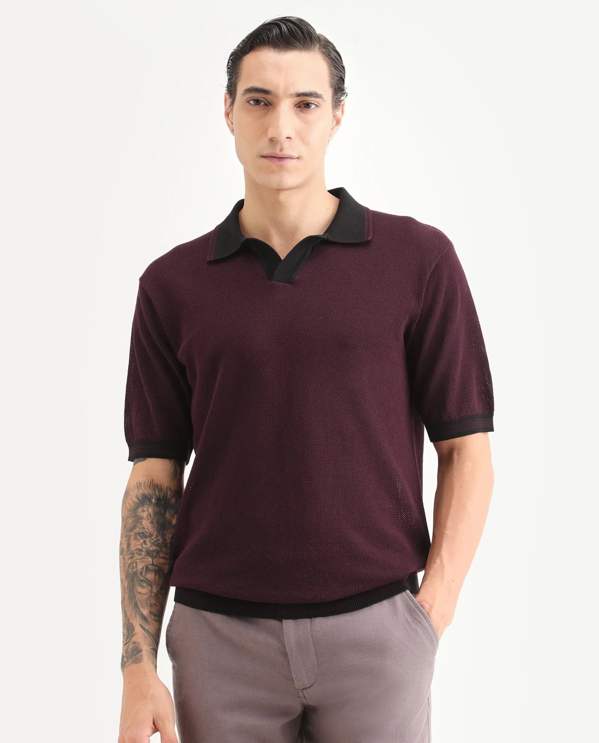 Rare Rabbit Men's Tipo Pastel Maroon Cotton Fabric Half Sleeve Regular Fit Textured Polo