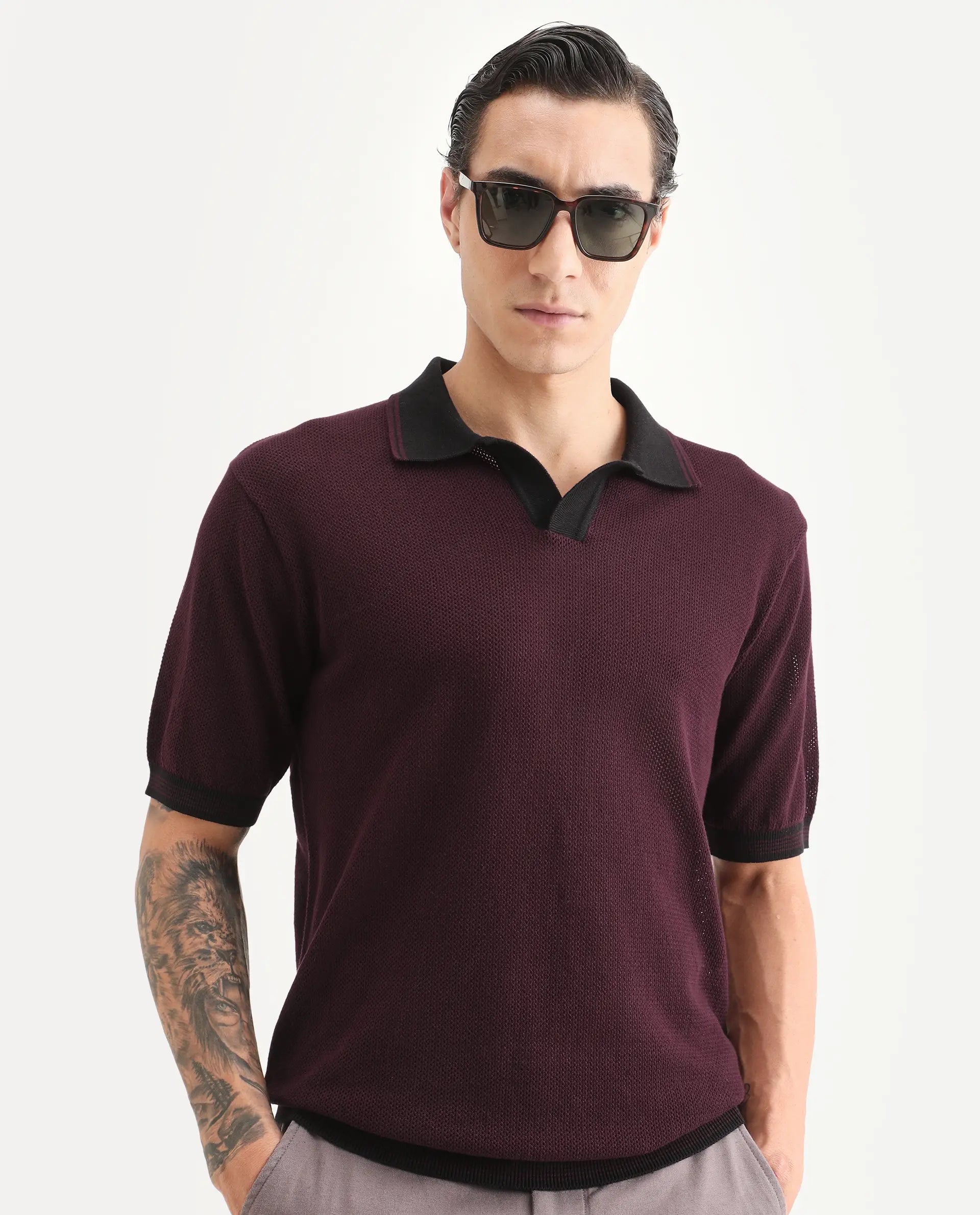 Rare Rabbit Men's Tipo Pastel Maroon Cotton Fabric Half Sleeve Regular Fit Textured Polo