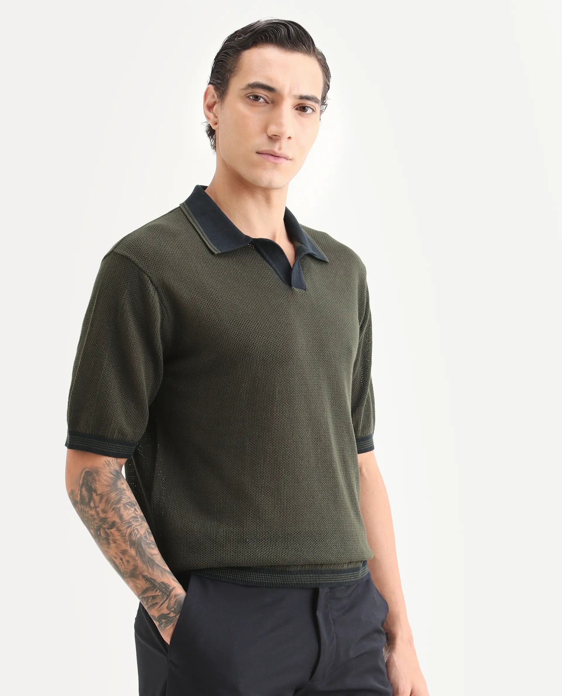 Rare Rabbit Men's Tipo Pastel Olive Cotton Fabric Half Sleeve Regular Fit Textured Polo
