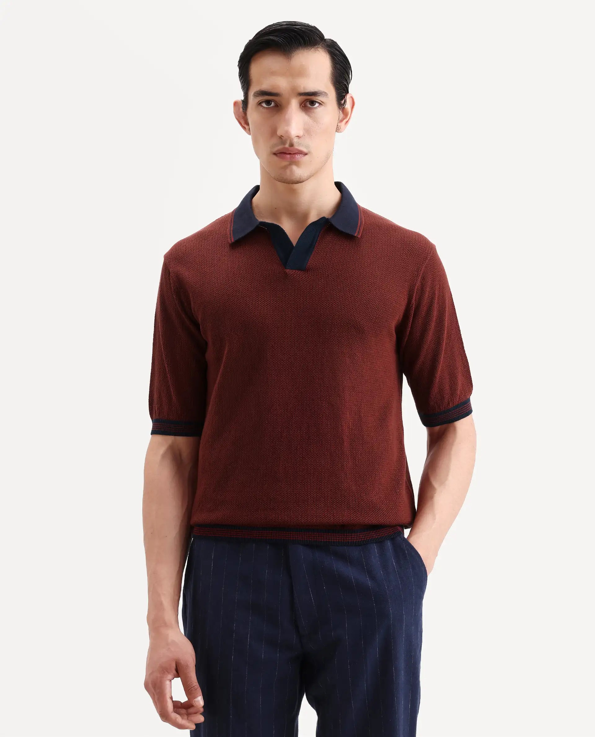 Rare Rabbit Men's Tipo Pastel Rust Cotton Fabric Half Sleeve Regular Fit Textured Polo