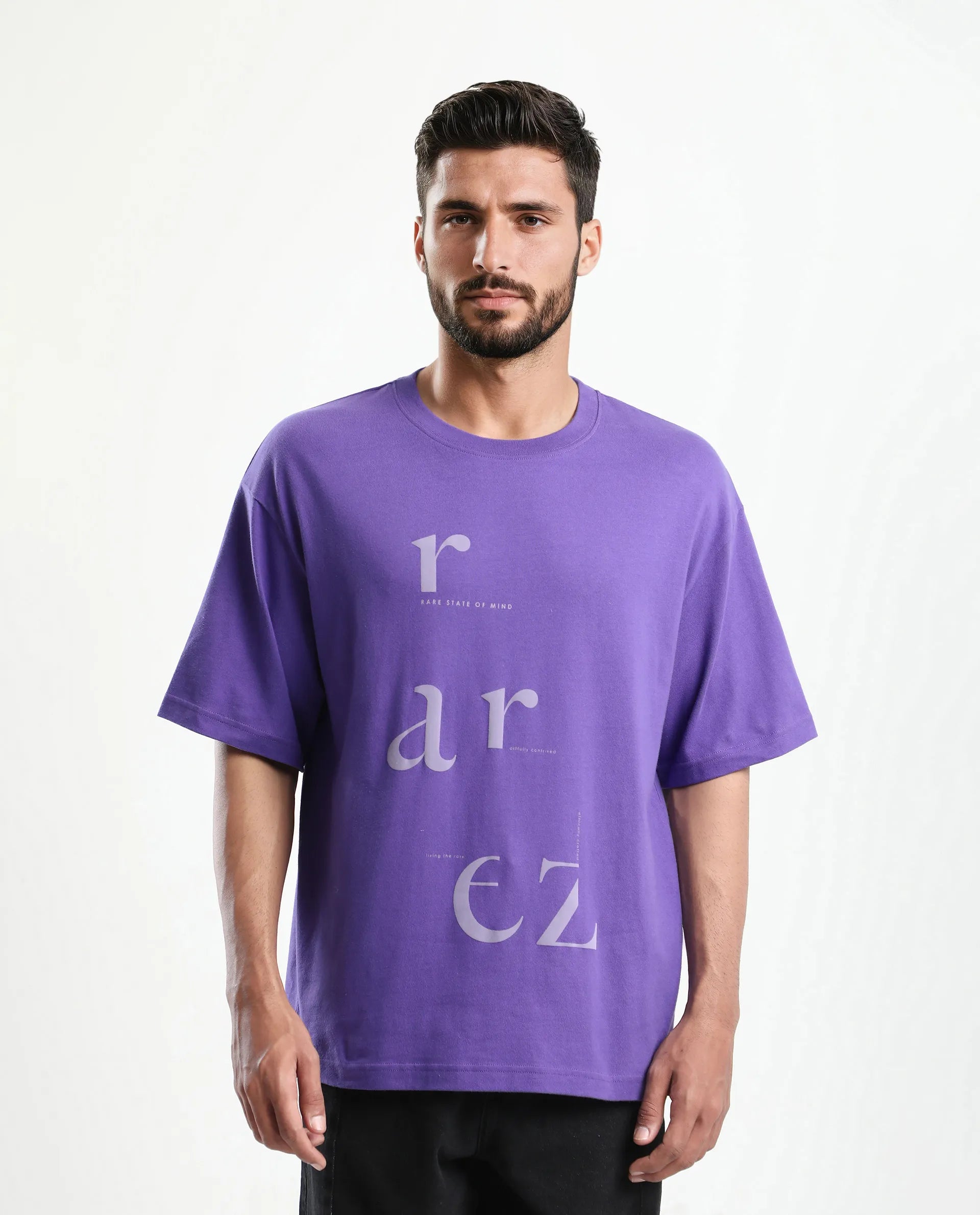 Rare Rabbit Men's Tipto Purple Cotton Graphic Print Oversized Fit Half Sleeve Crew Neck T-Shirt