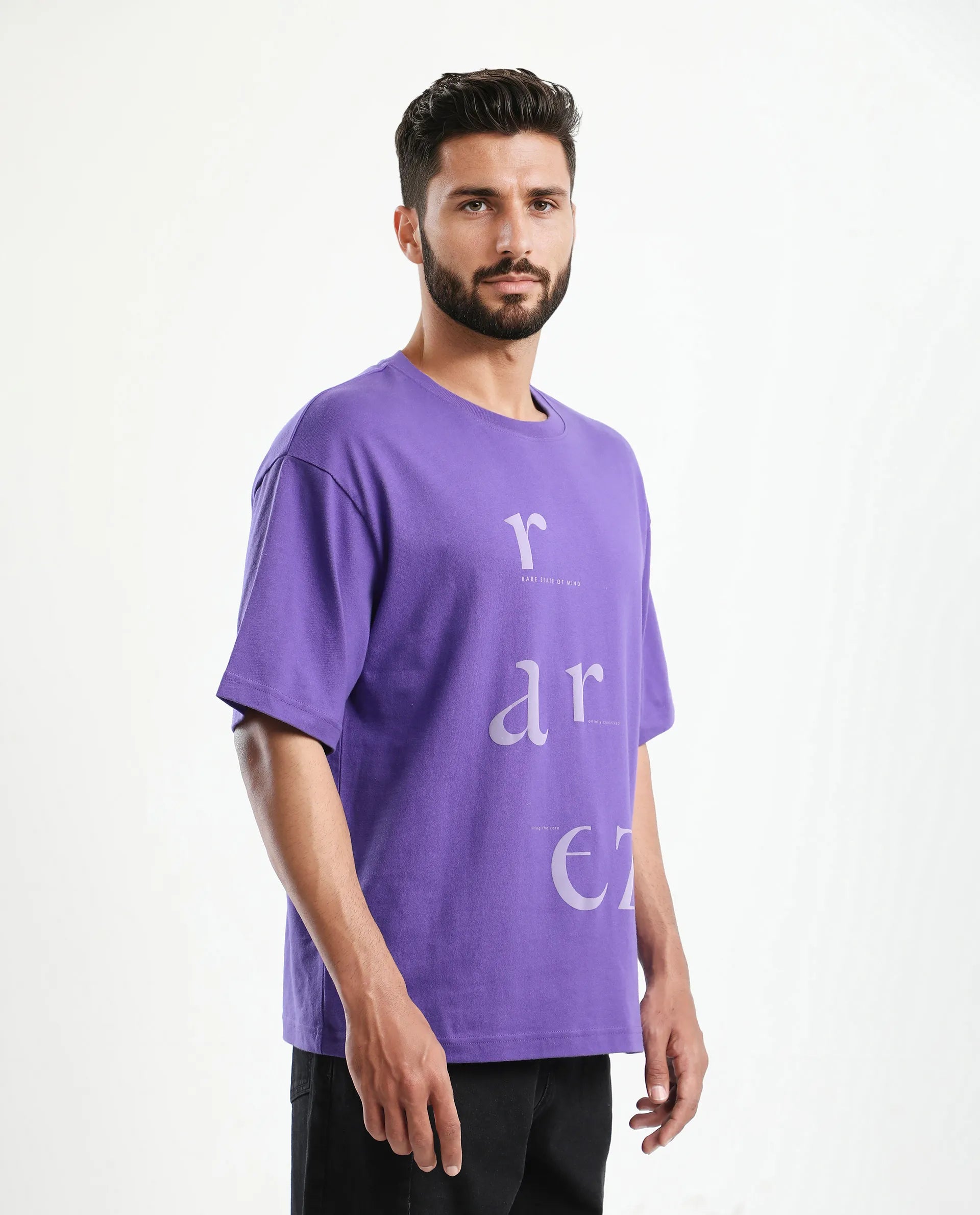 Rare Rabbit Men's Tipto Purple Cotton Graphic Print Oversized Fit Half Sleeve Crew Neck T-Shirt