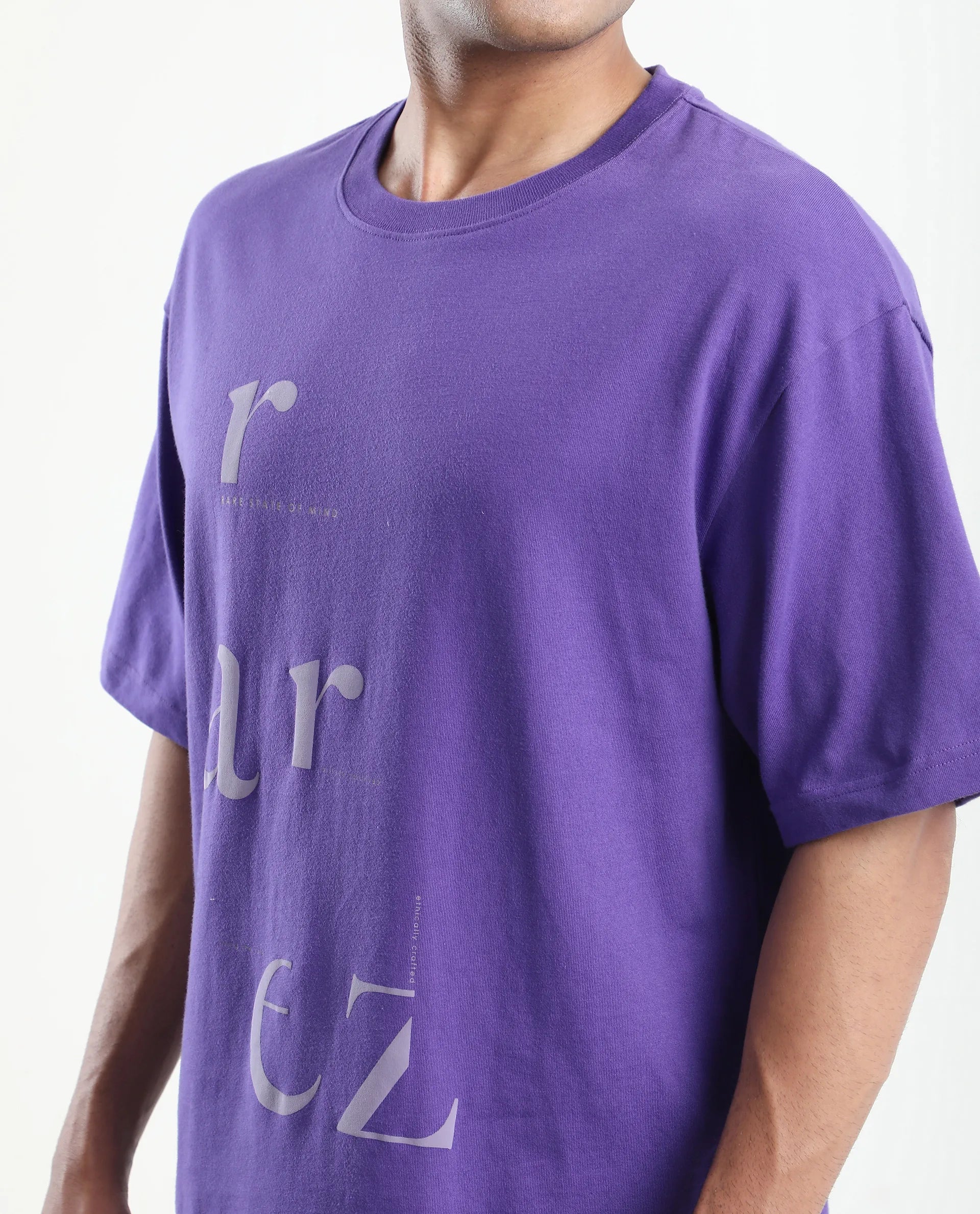 Rare Rabbit Men's Tipto Purple Cotton Graphic Print Oversized Fit Half Sleeve Crew Neck T-Shirt