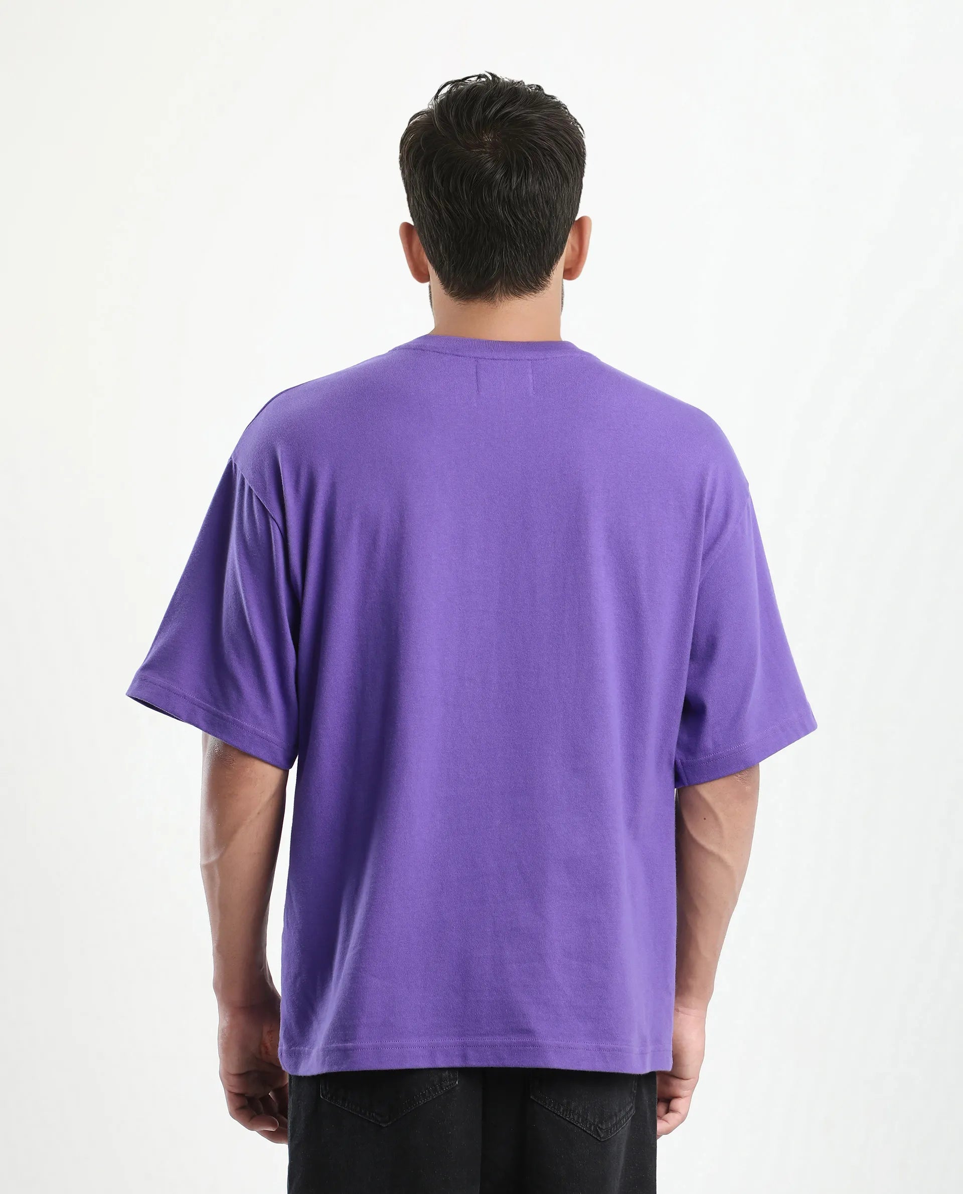 Rare Rabbit Men's Tipto Purple Cotton Graphic Print Oversized Fit Half Sleeve Crew Neck T-Shirt