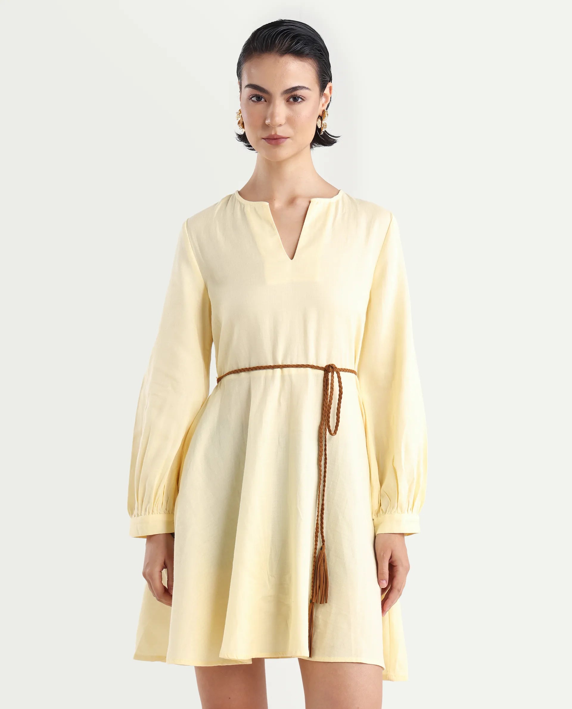 Rareism Women's Tirday Yellow Cotton V-Neck Plain Bishop Sleeve Mini Fit And Flare Dress