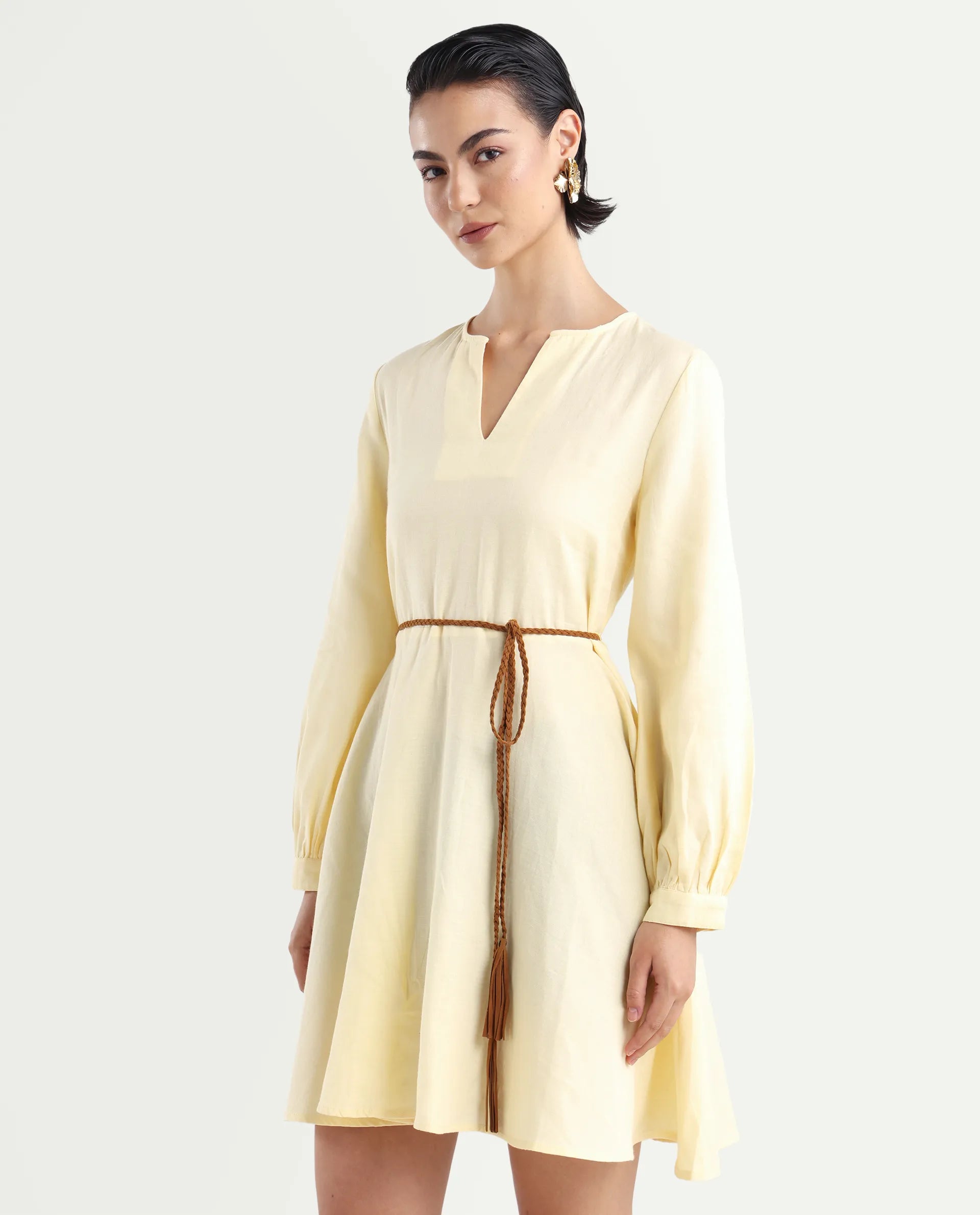 Rareism Women's Tirday Yellow Cotton V-Neck Plain Bishop Sleeve Mini Fit And Flare Dress