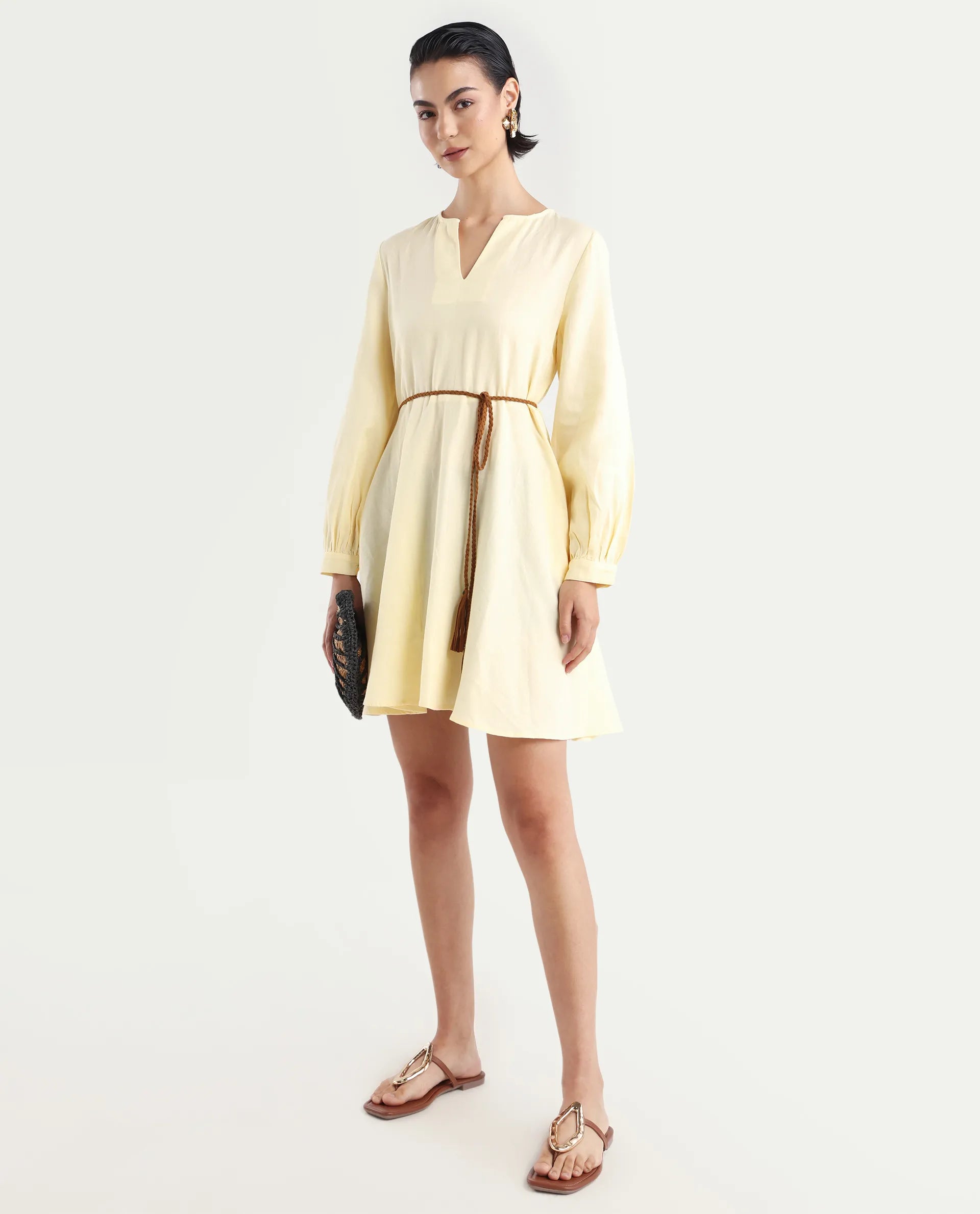 Rareism Women's Tirday Yellow Cotton V-Neck Plain Bishop Sleeve Mini Fit And Flare Dress