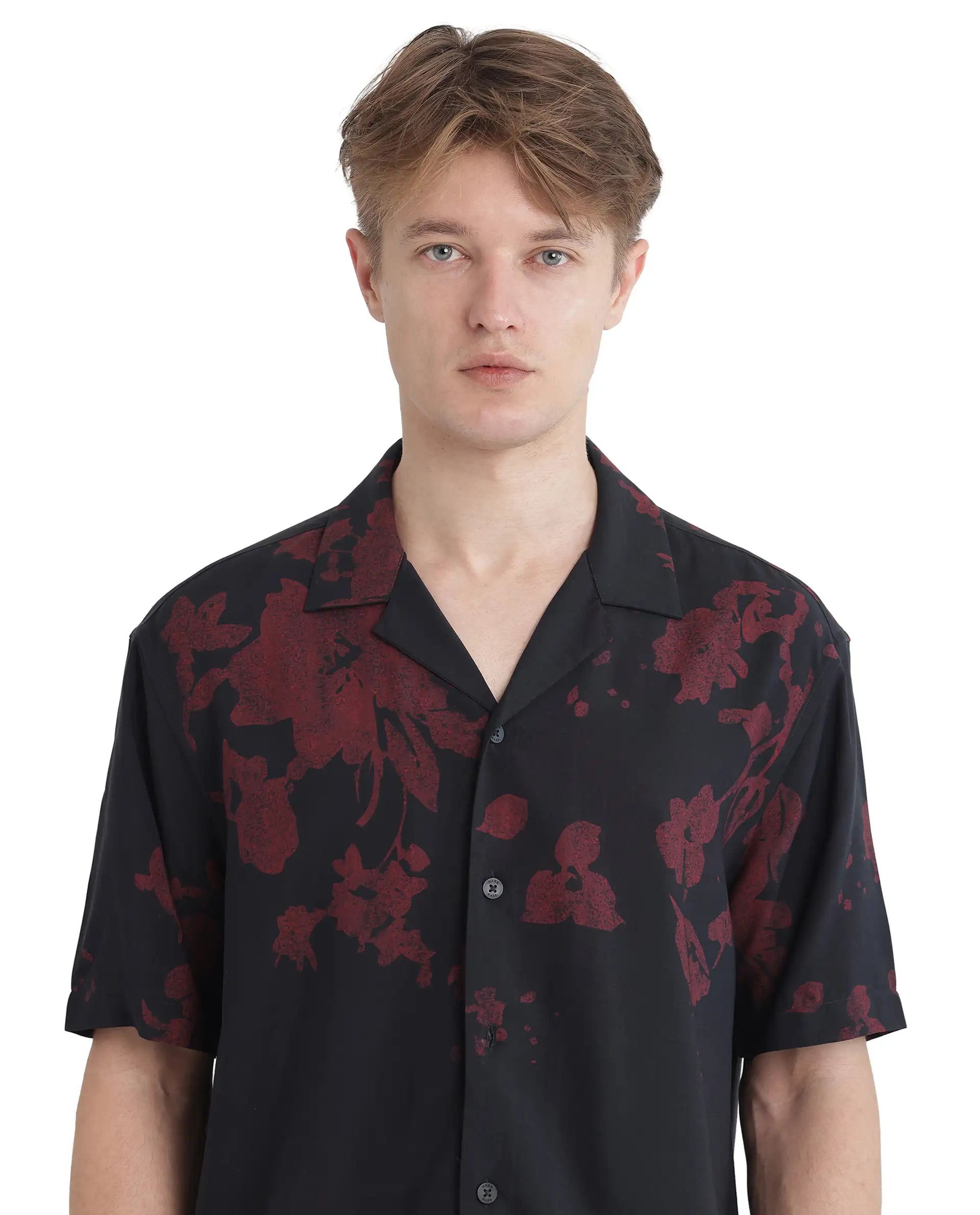 Rare Rabbit Men's Tirock Black Cotton Modal Fabric Half Sleeve Spread Collar Button Closure Relaxed Fit Floral Print Shirt