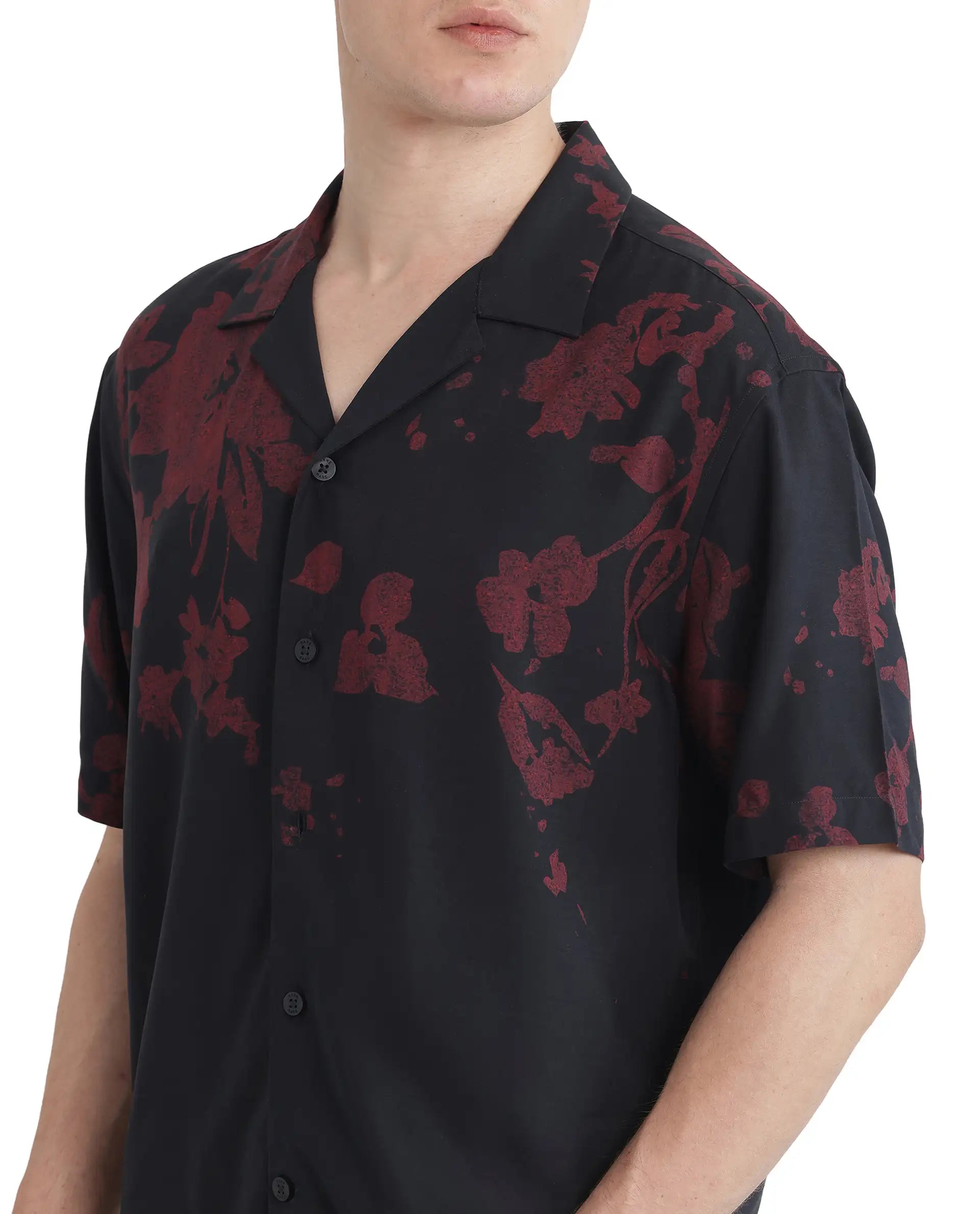 Rare Rabbit Men's Tirock Black Cotton Modal Fabric Half Sleeve Spread Collar Button Closure Relaxed Fit Floral Print Shirt