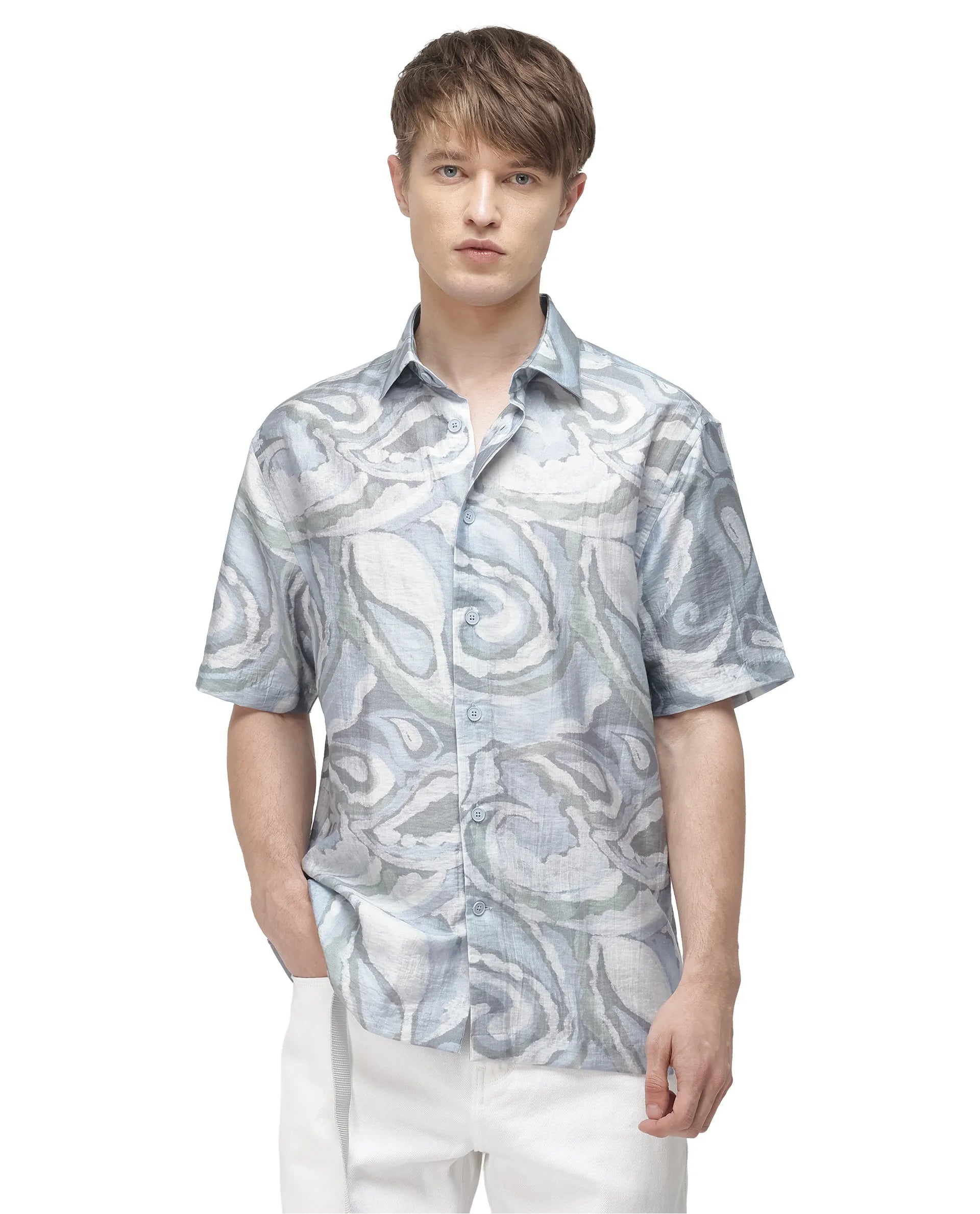 Rare Rabbit Men's Tiro Dusky Green Tencel Floral Print Relaxed Fit Half Sleeve Collared Shirt