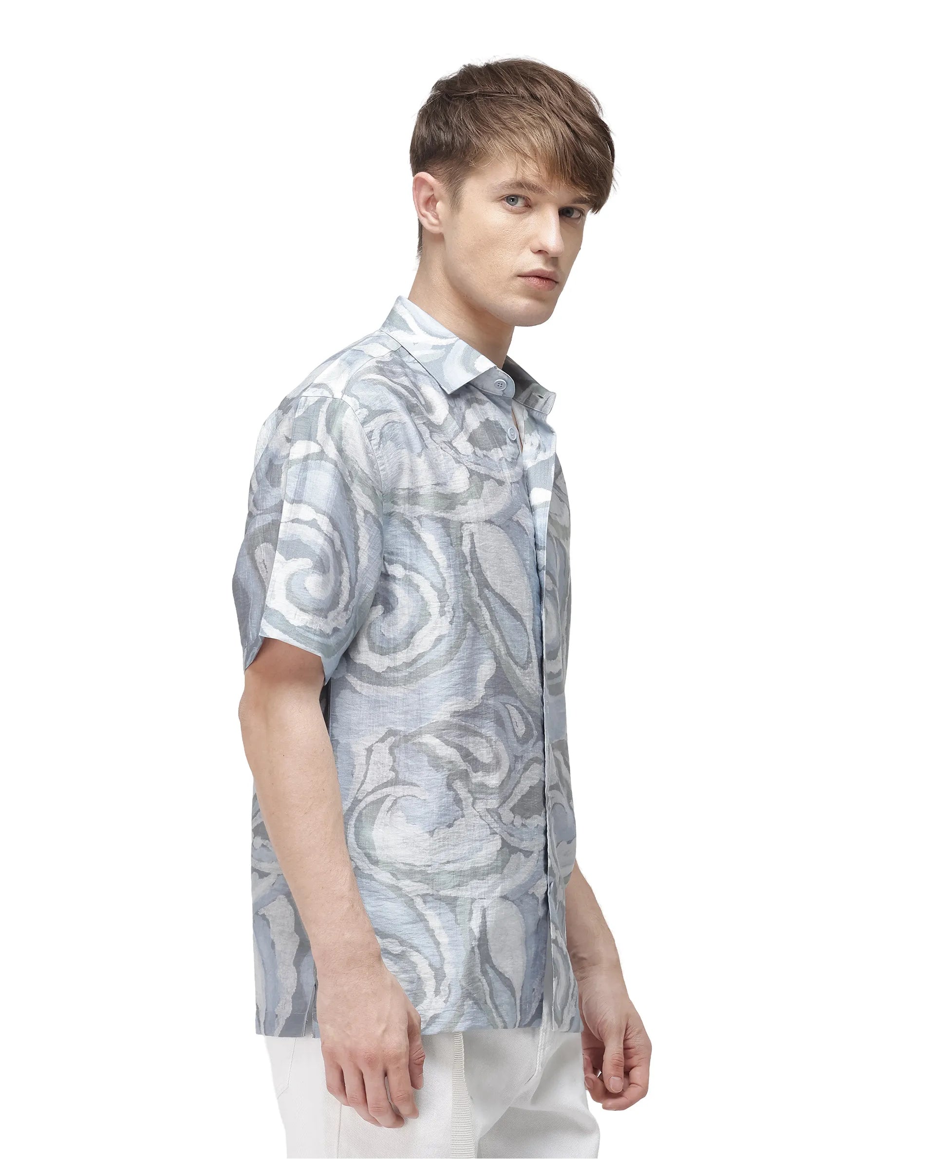 Rare Rabbit Men's Tiro Dusky Green Tencel Floral Print Relaxed Fit Half Sleeve Collared Shirt