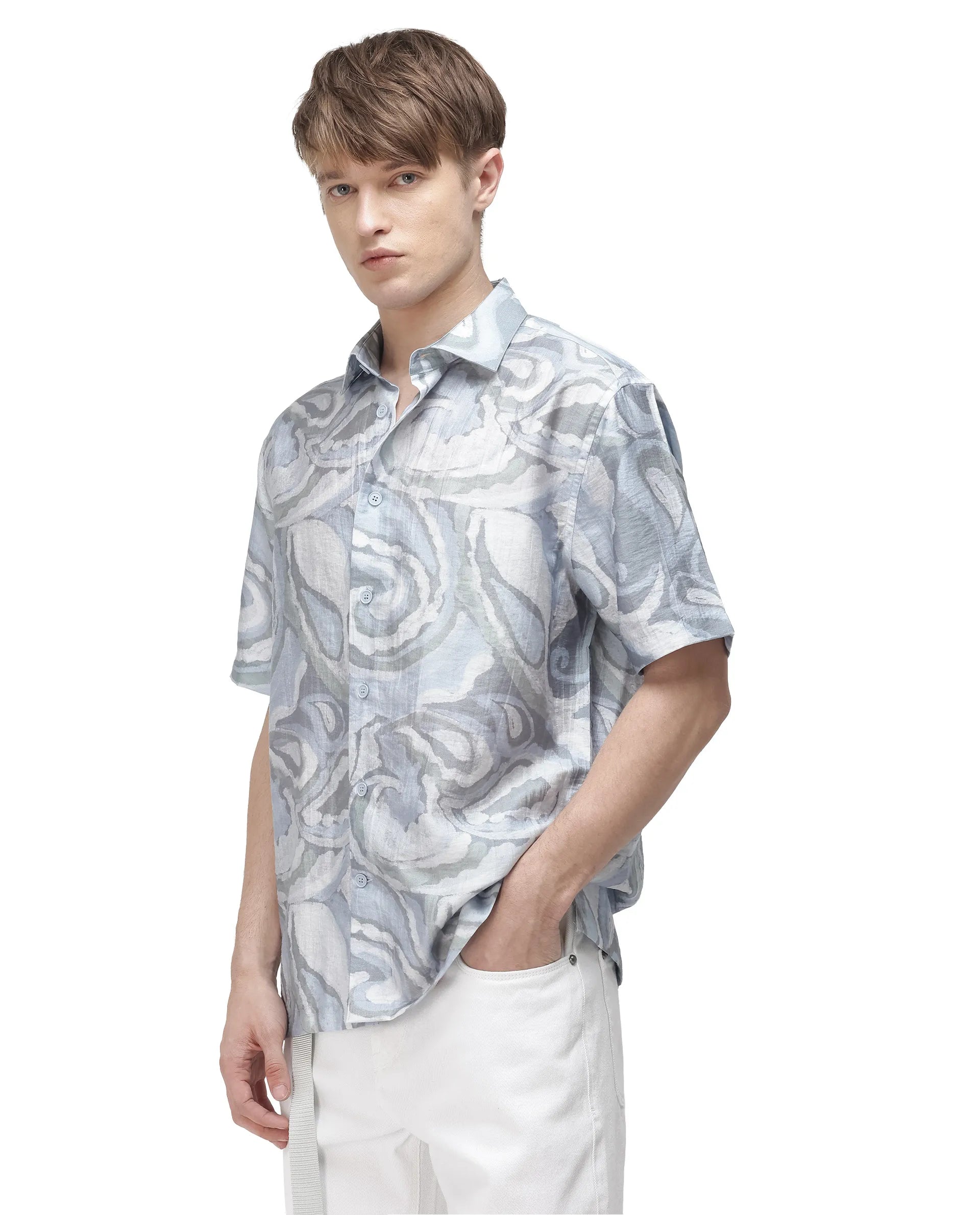 Rare Rabbit Men's Tiro Dusky Green Tencel Floral Print Relaxed Fit Half Sleeve Collared Shirt