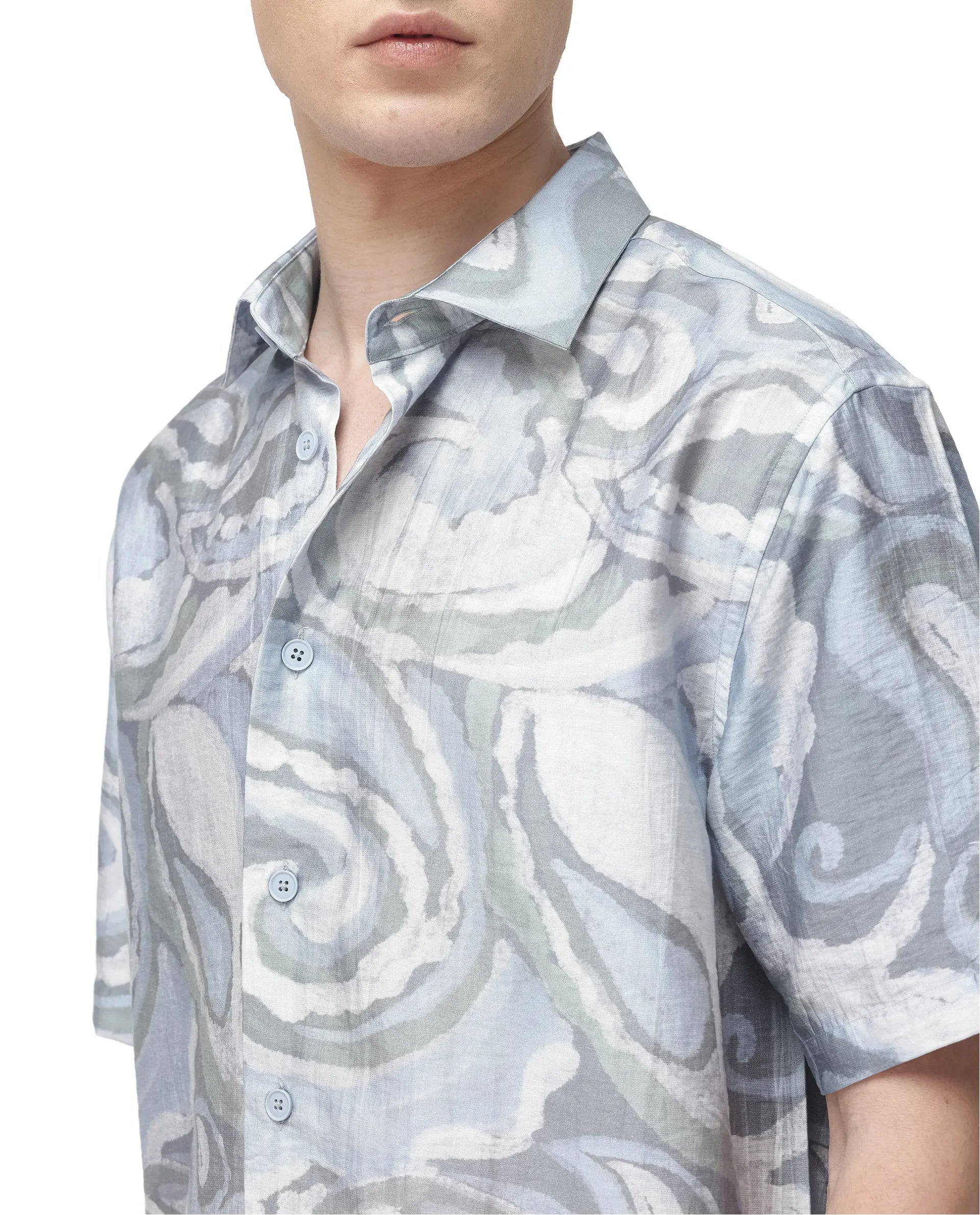 Rare Rabbit Men's Tiro Dusky Green Tencel Floral Print Relaxed Fit Half Sleeve Collared Shirt