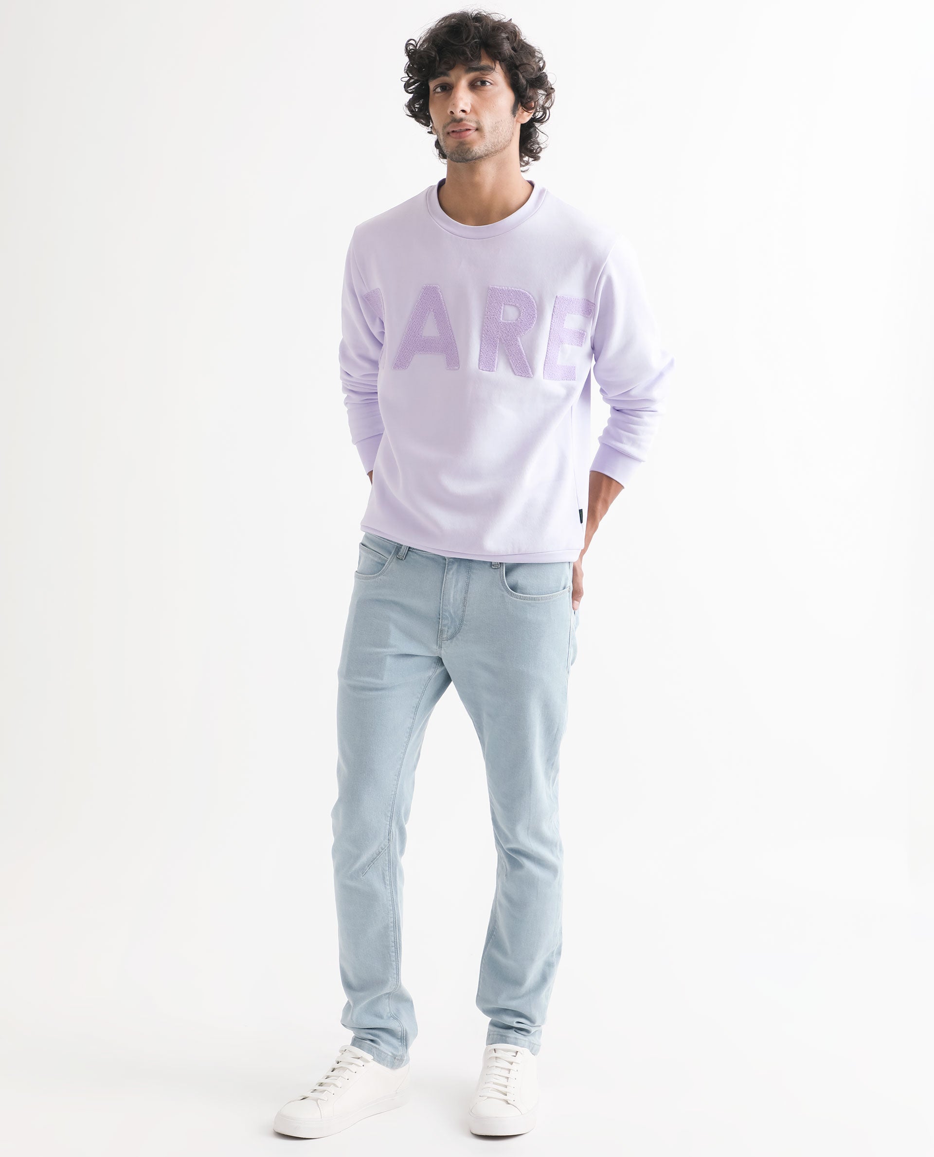 Rare Rabbit Men's Tisot Purple Cotton Polyester Fabric Full Sleeves Solid Towel Embroidery Branding Sweatshirt