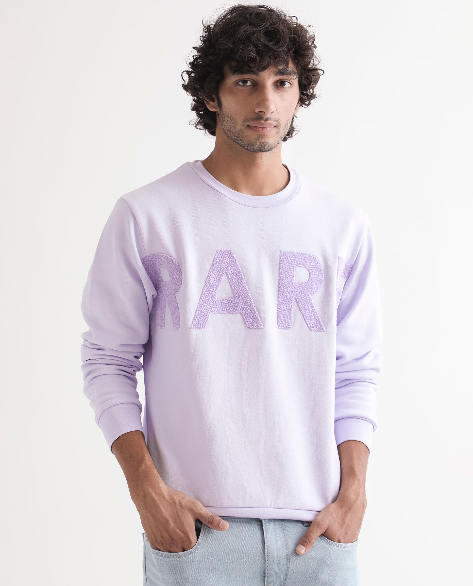 Rare Rabbit Men's Tisot Purple Cotton Polyester Fabric Full Sleeves Solid Towel Embroidery Branding Sweatshirt