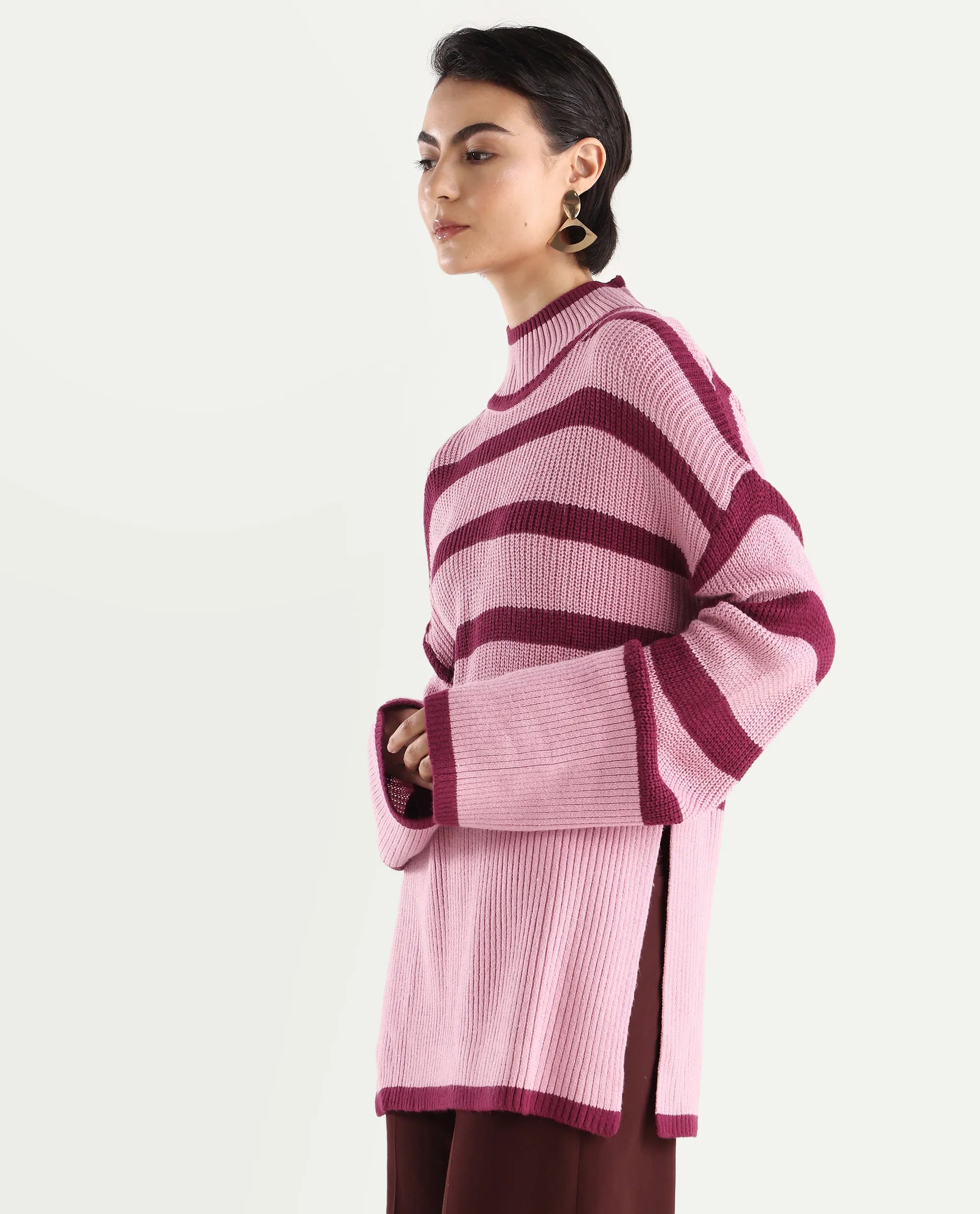 Rareism Women's Titania Pink Acrylic High Neck Striped Relaxed Fit Sweater