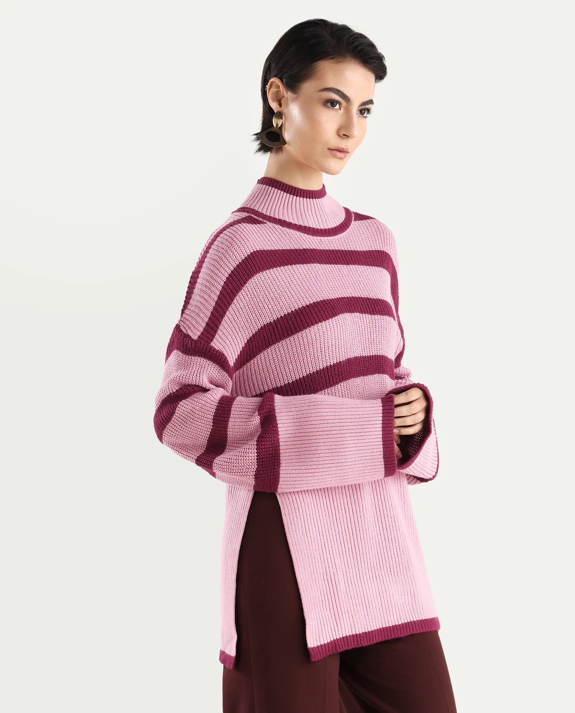 Rareism Women's Titania Pink Acrylic High Neck Striped Relaxed Fit Sweater