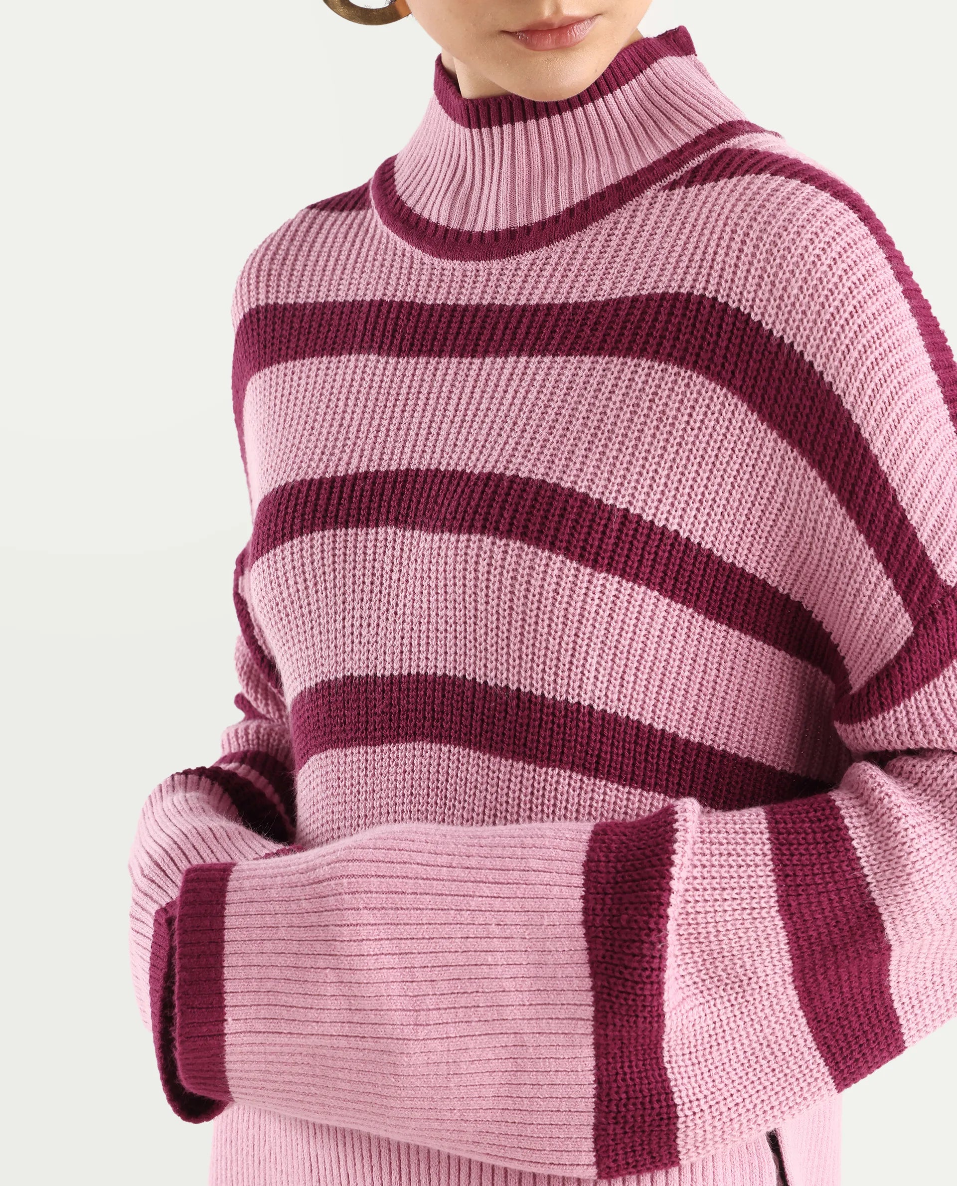 Rareism Women's Titania Pink Acrylic High Neck Striped Relaxed Fit Sweater