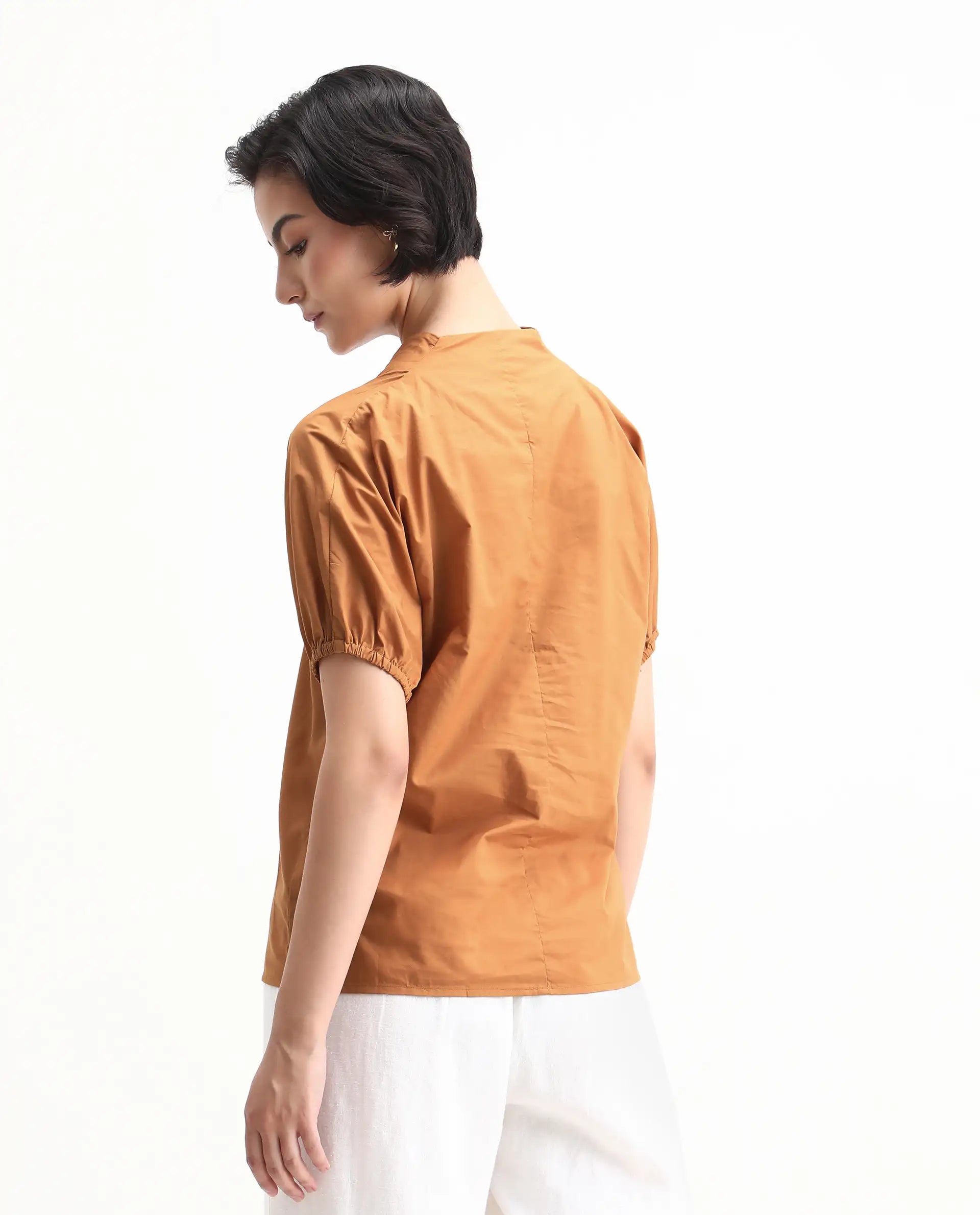 Rareism Women's Titan Light Tan Cotton V-Neck Plain Puff Sleeves Regular Fit Top