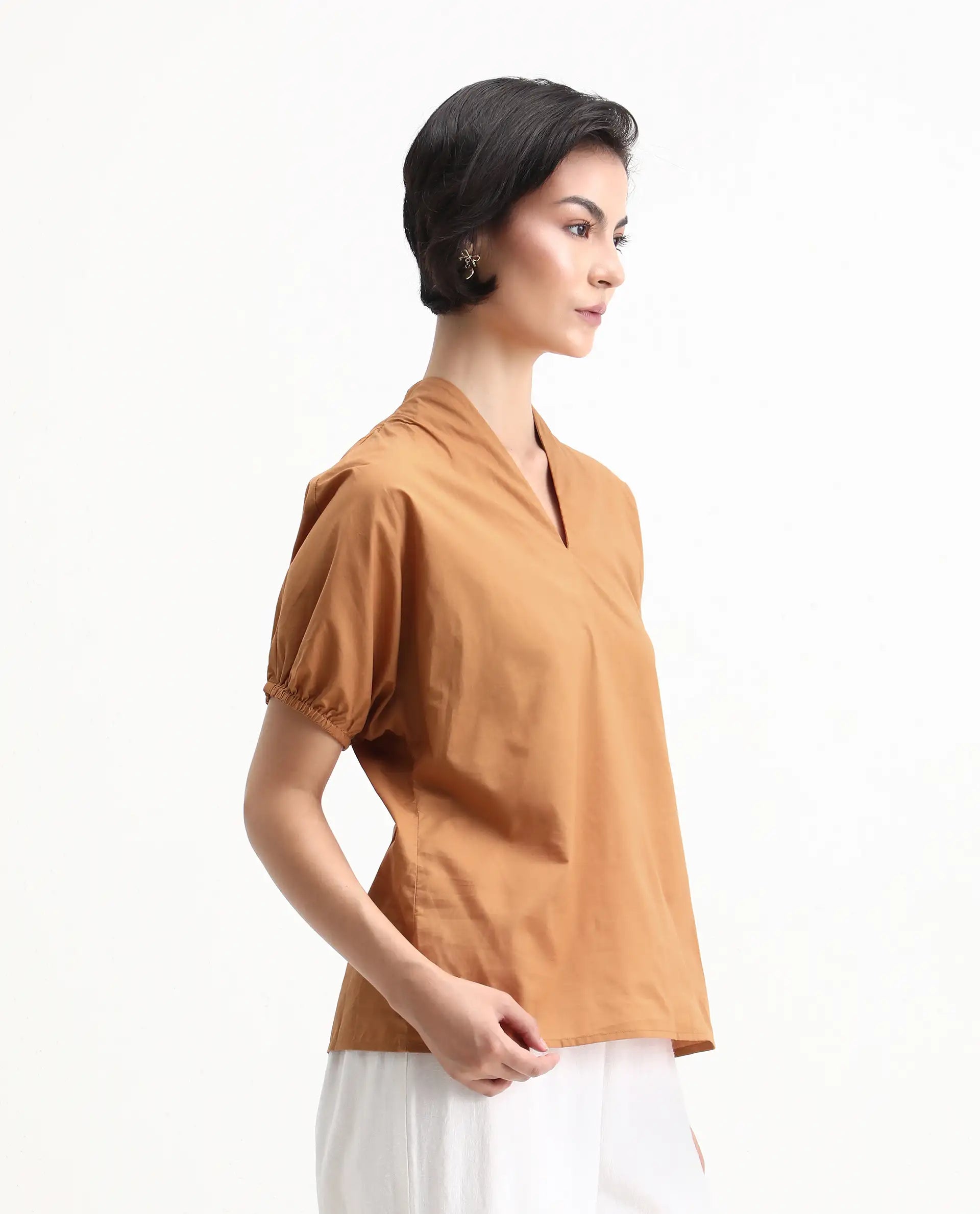 Rareism Women's Titan Light Tan Cotton V-Neck Plain Puff Sleeves Regular Fit Top