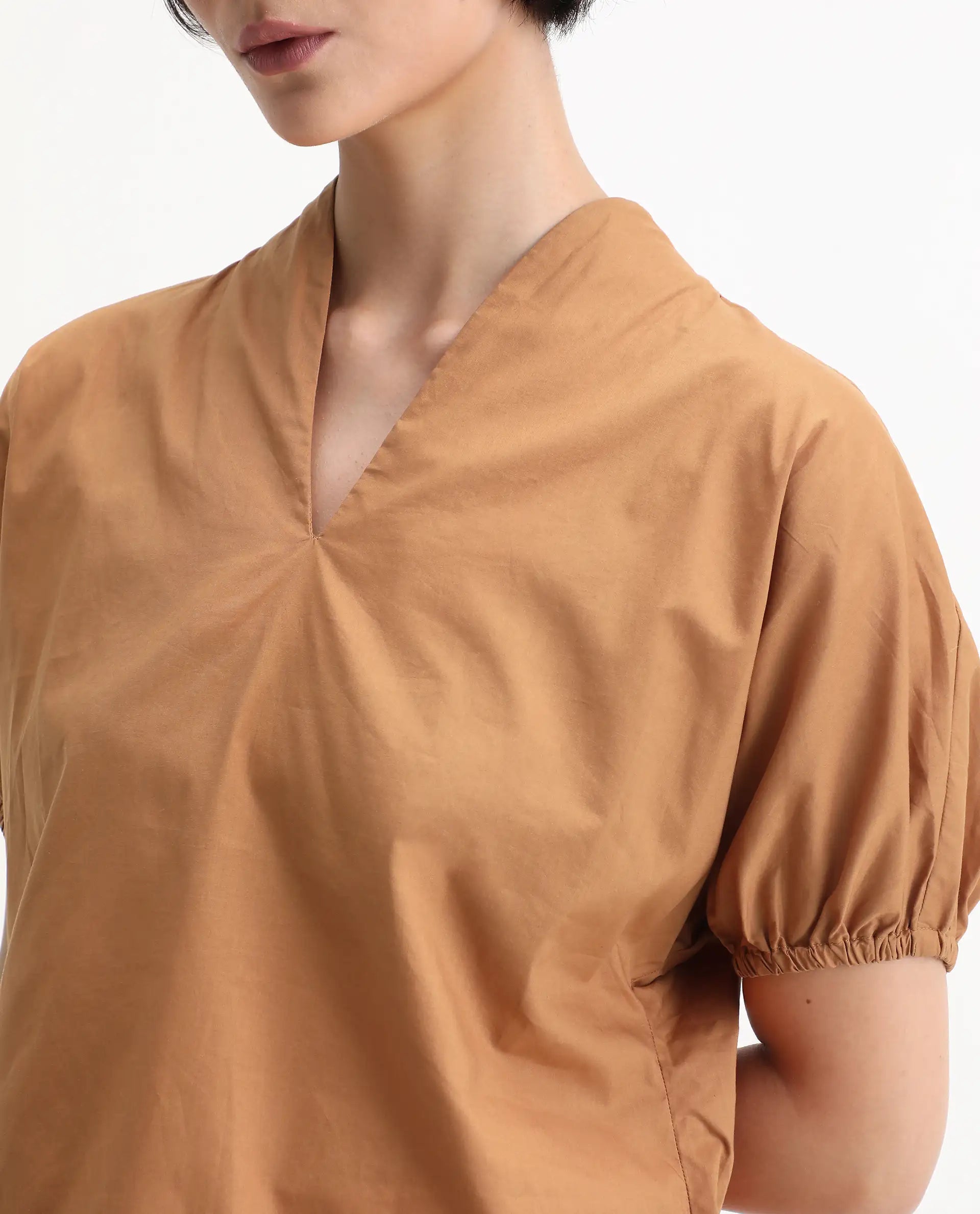 Rareism Women's Titan Light Tan Cotton V-Neck Plain Puff Sleeves Regular Fit Top