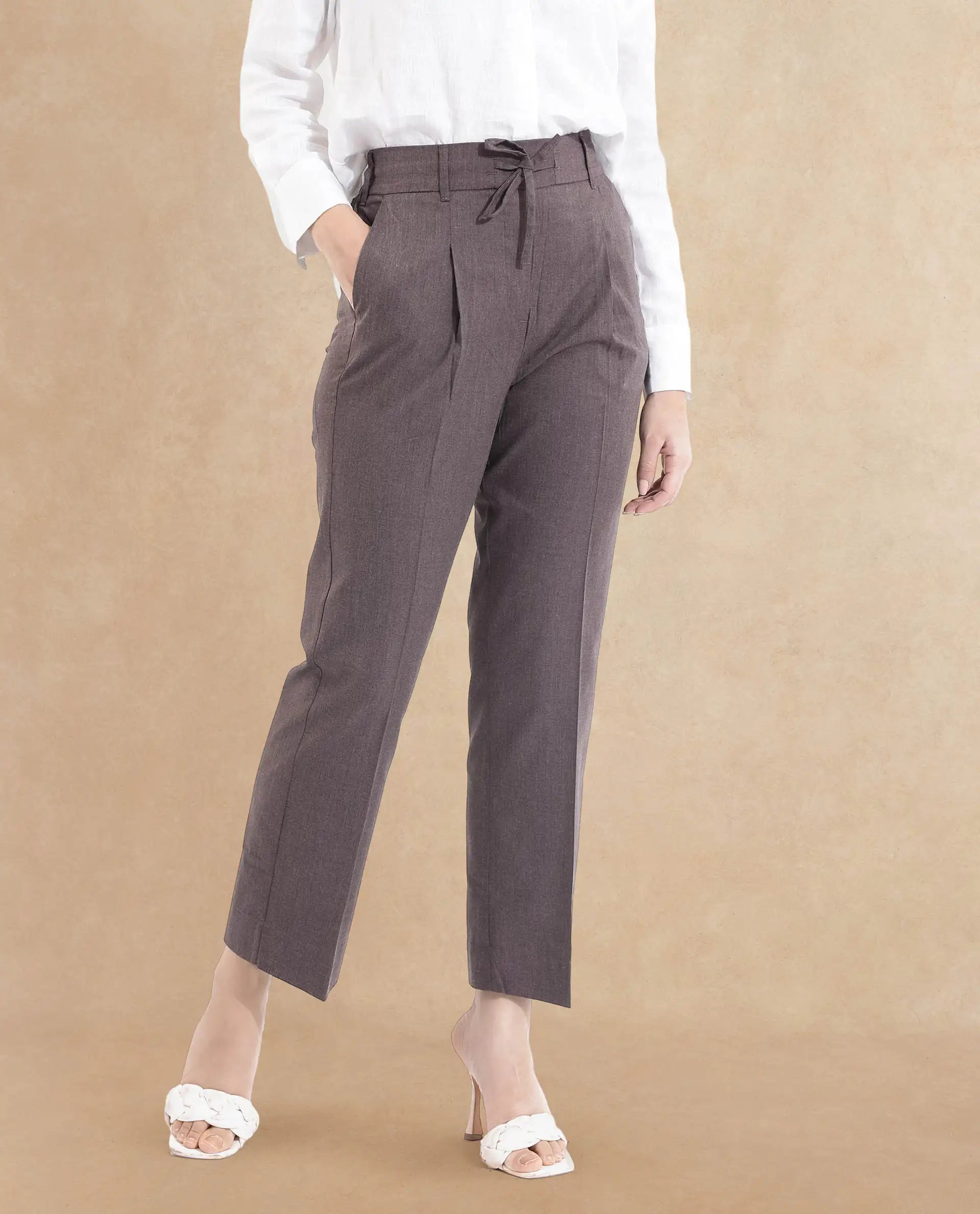 Rareism Women Tiza Brown Tie-Up Closure Straight Fit Ankle Length Plain Trouser