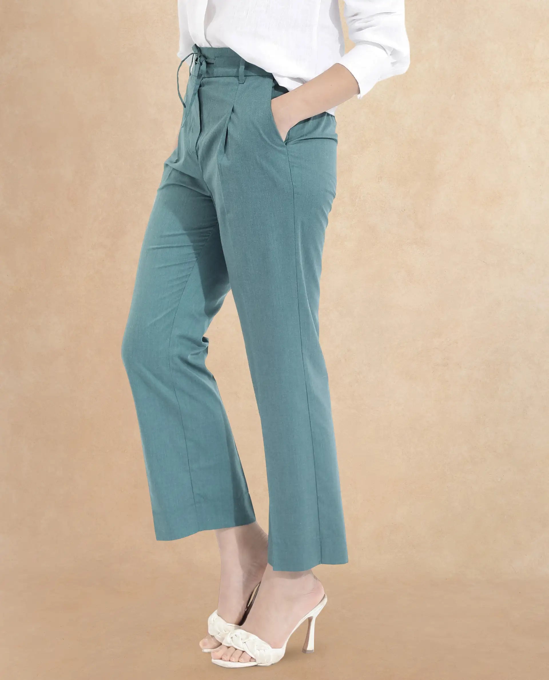 Rareism Women Tiza Green Tie-Up Closure Straight Fit Ankle Length Plain Trouser