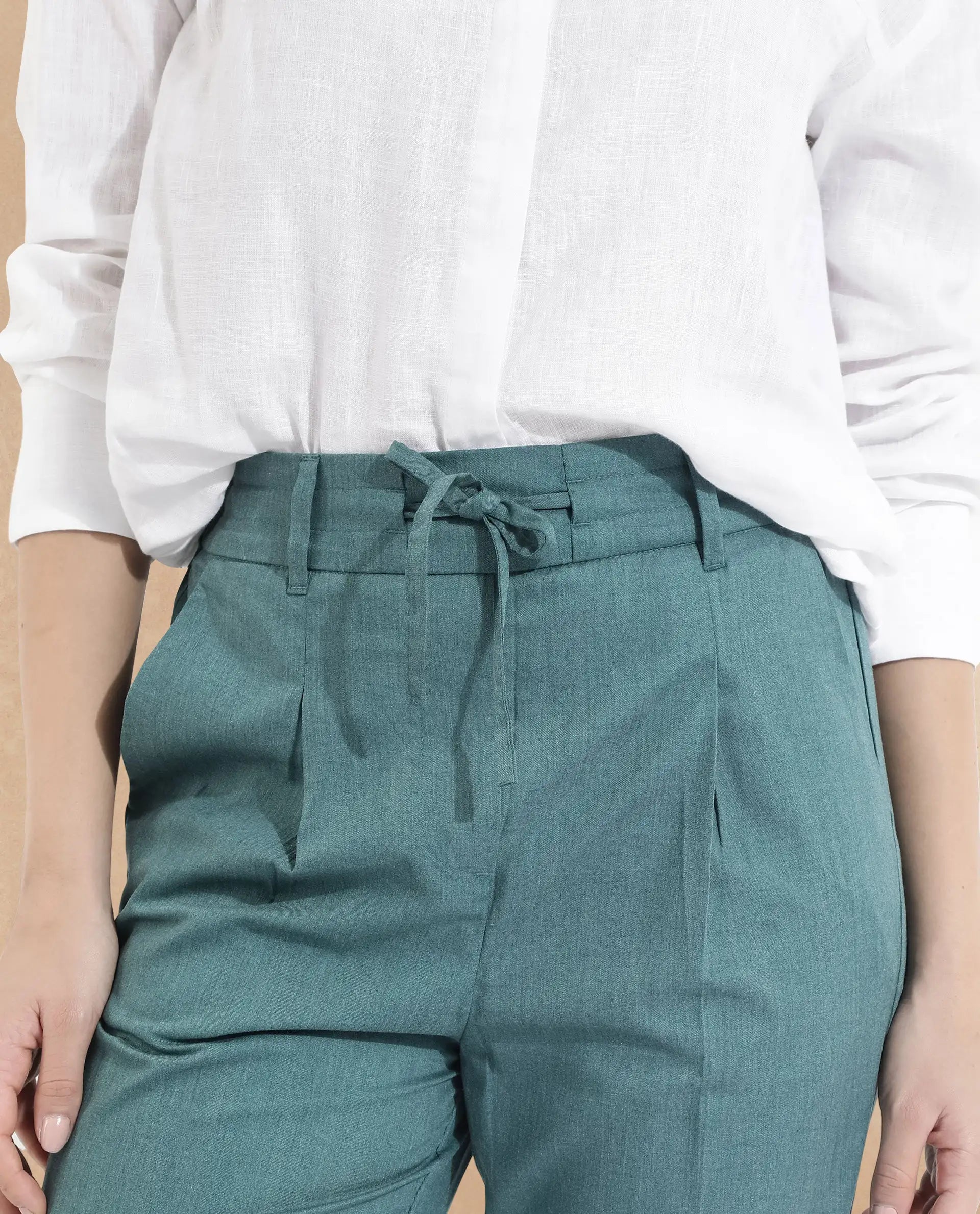 Rareism Women Tiza Green Tie-Up Closure Straight Fit Ankle Length Plain Trouser