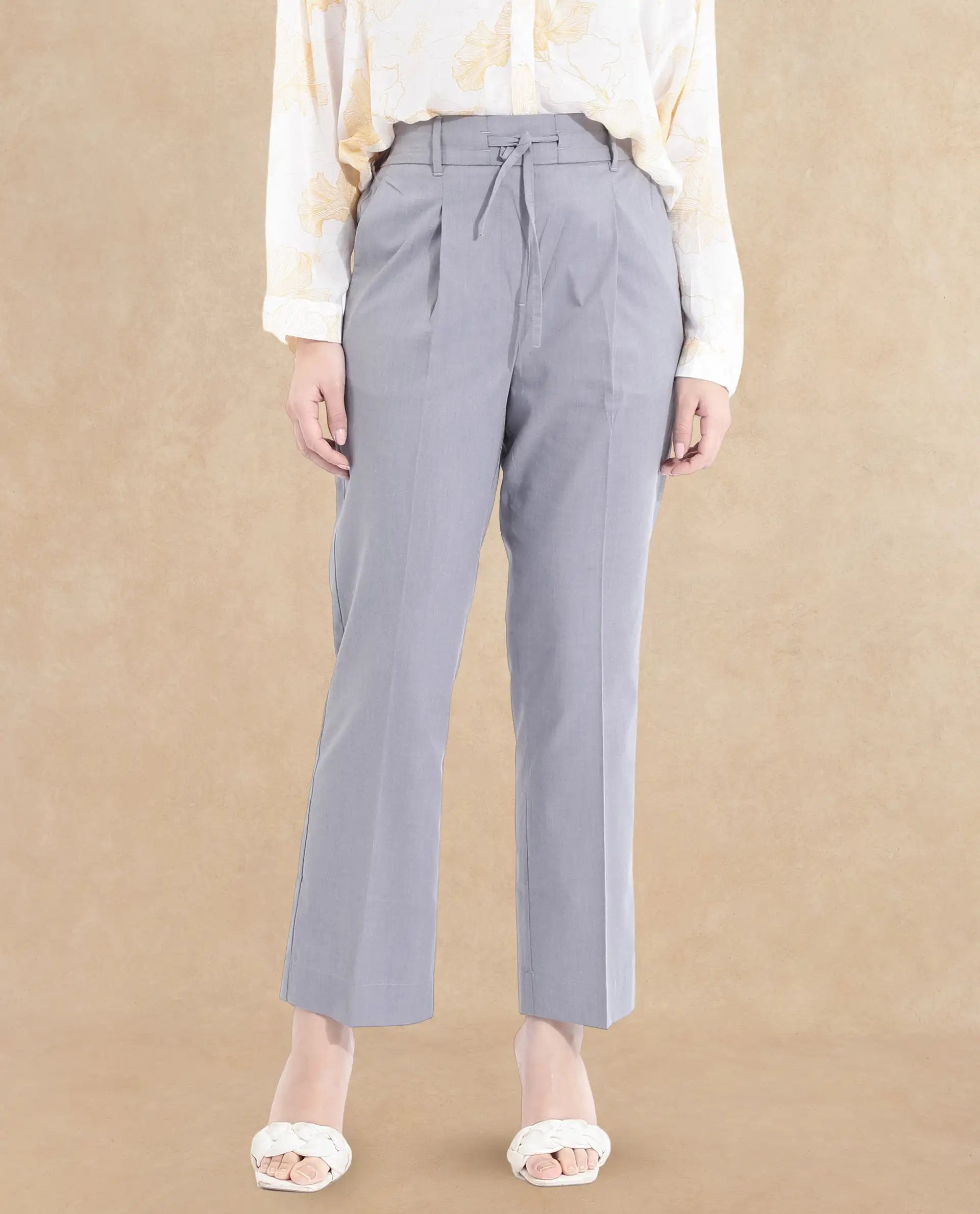 Rareism Women Tiza Grey Tie-Up Closure Straight Fit Ankle Length Plain Trouser