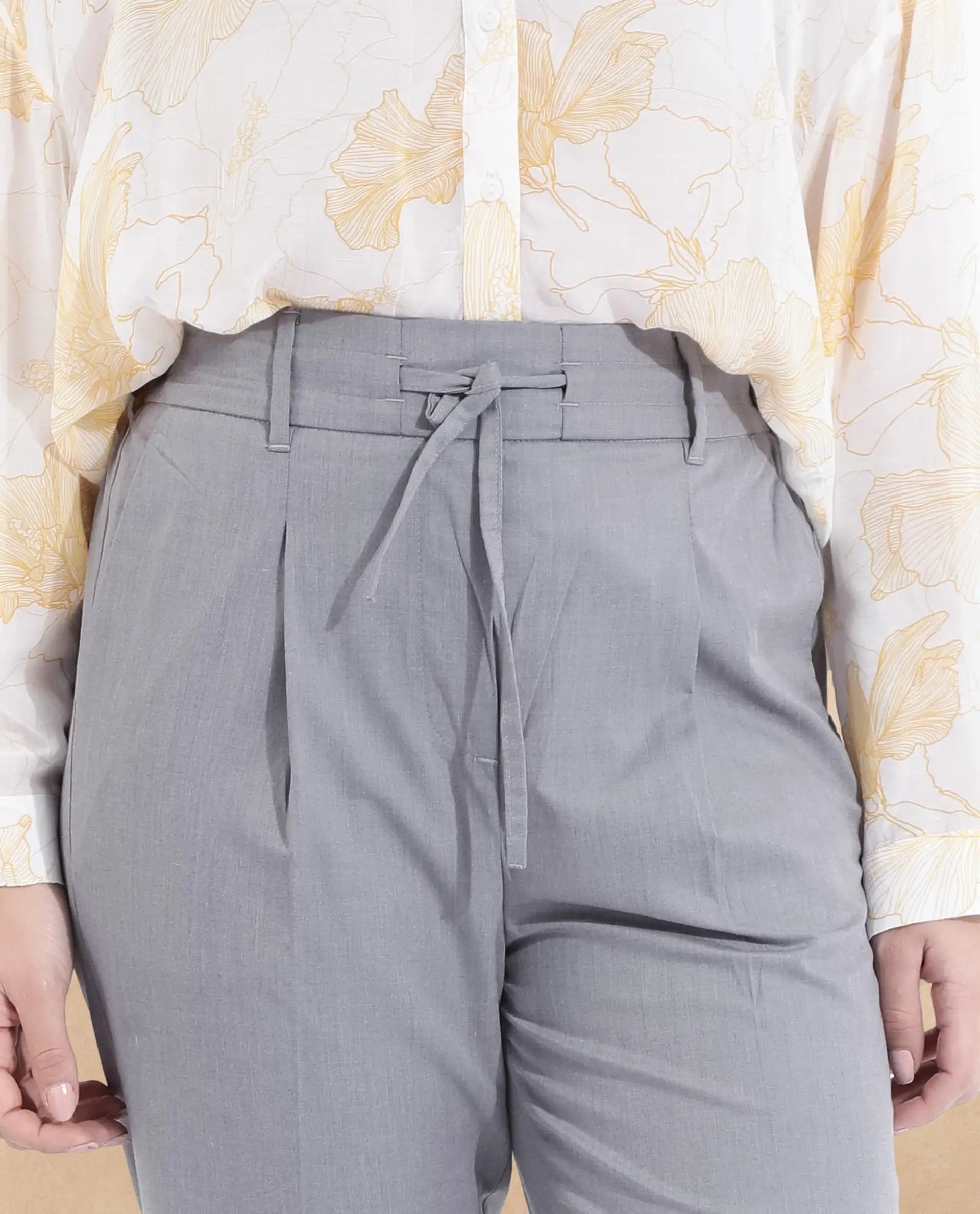 Rareism Women Tiza Grey Tie-Up Closure Straight Fit Ankle Length Plain Trouser