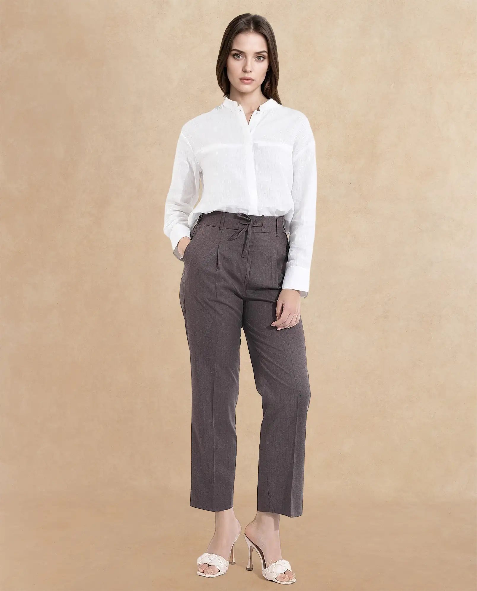 Rareism Women Tiza Brown Tie-Up Closure Straight Fit Ankle Length Plain Trouser