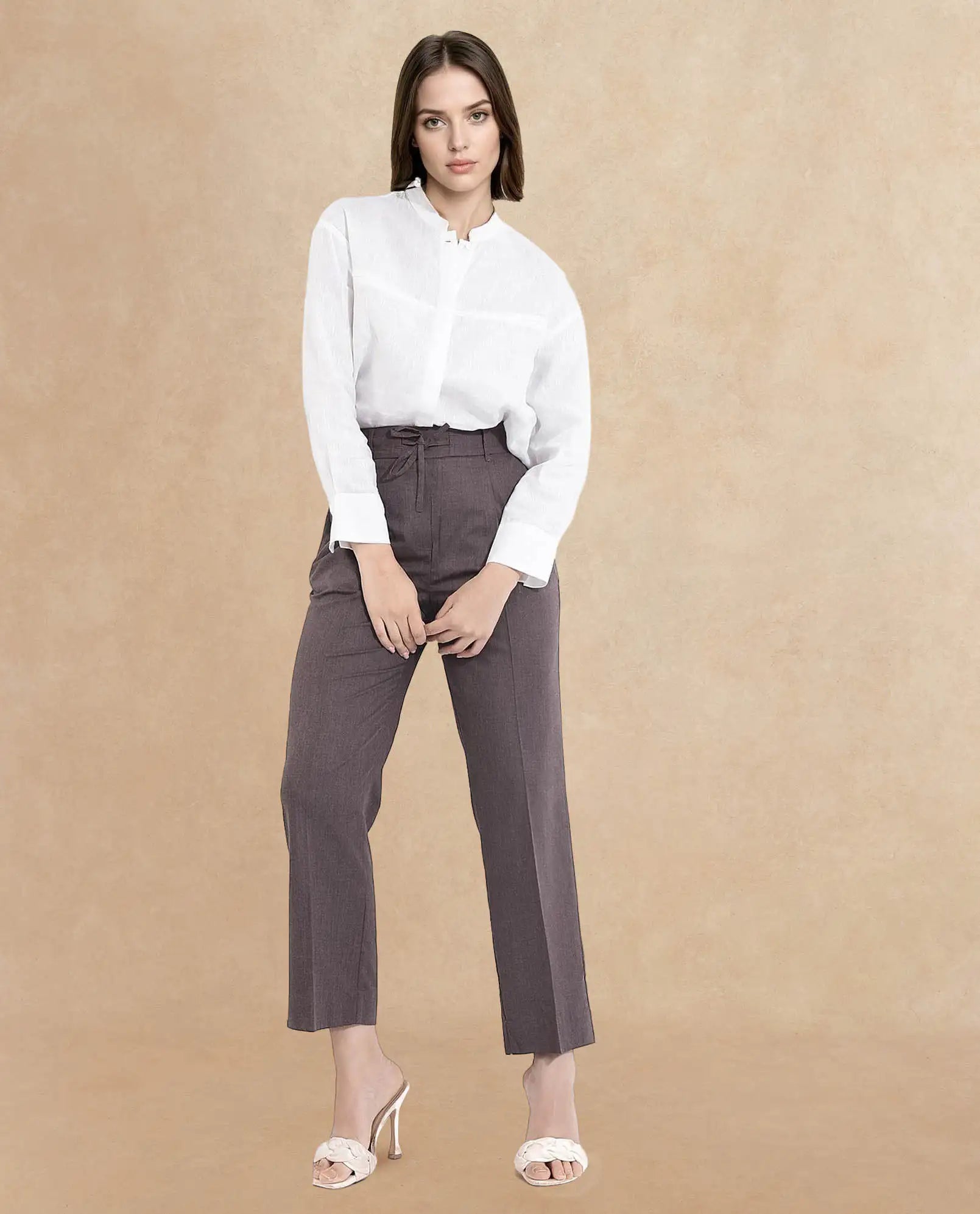 Rareism Women Tiza Brown Tie-Up Closure Straight Fit Ankle Length Plain Trouser