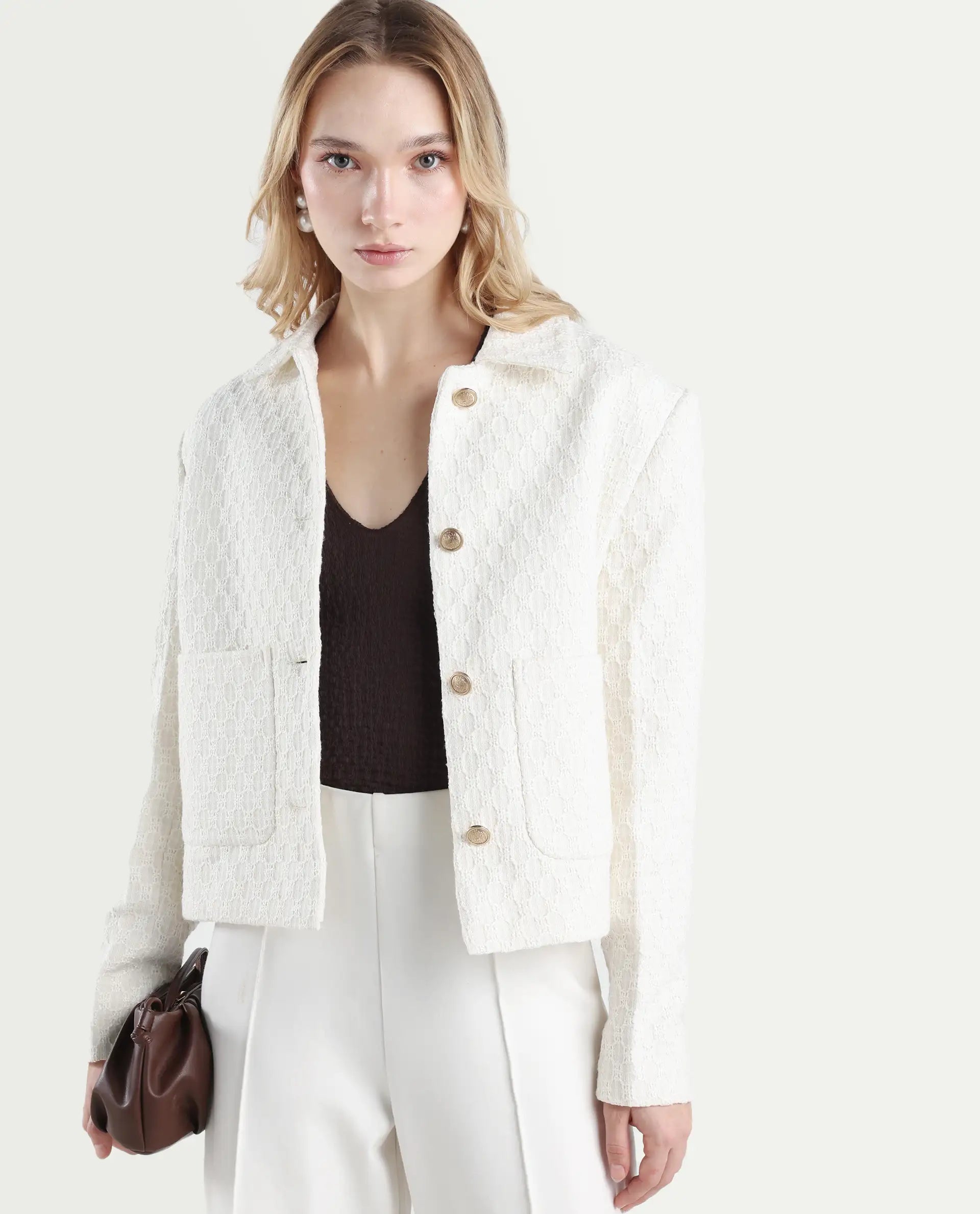 Rareism Women's Tizol-W Off White Cotton Blend Spread Collar Regular Fit Jacket