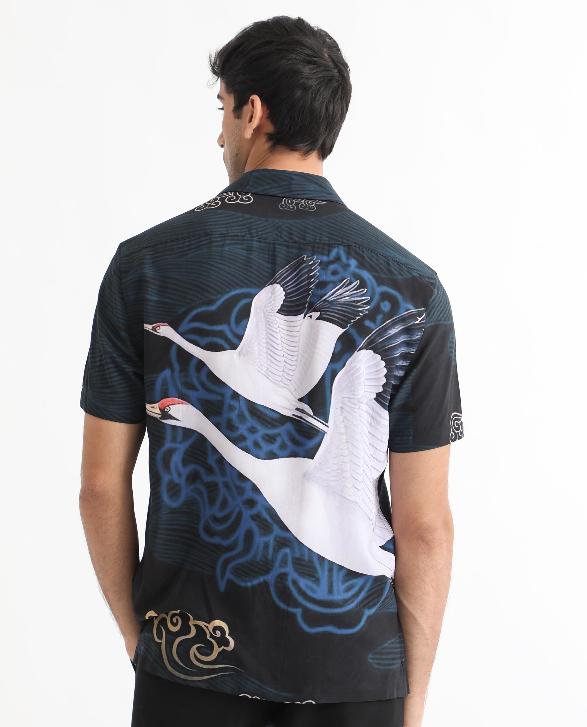 Rare Rabbit Men's Tobal Navy Cuban Collar Half Sleeves Animal Printed Shirt