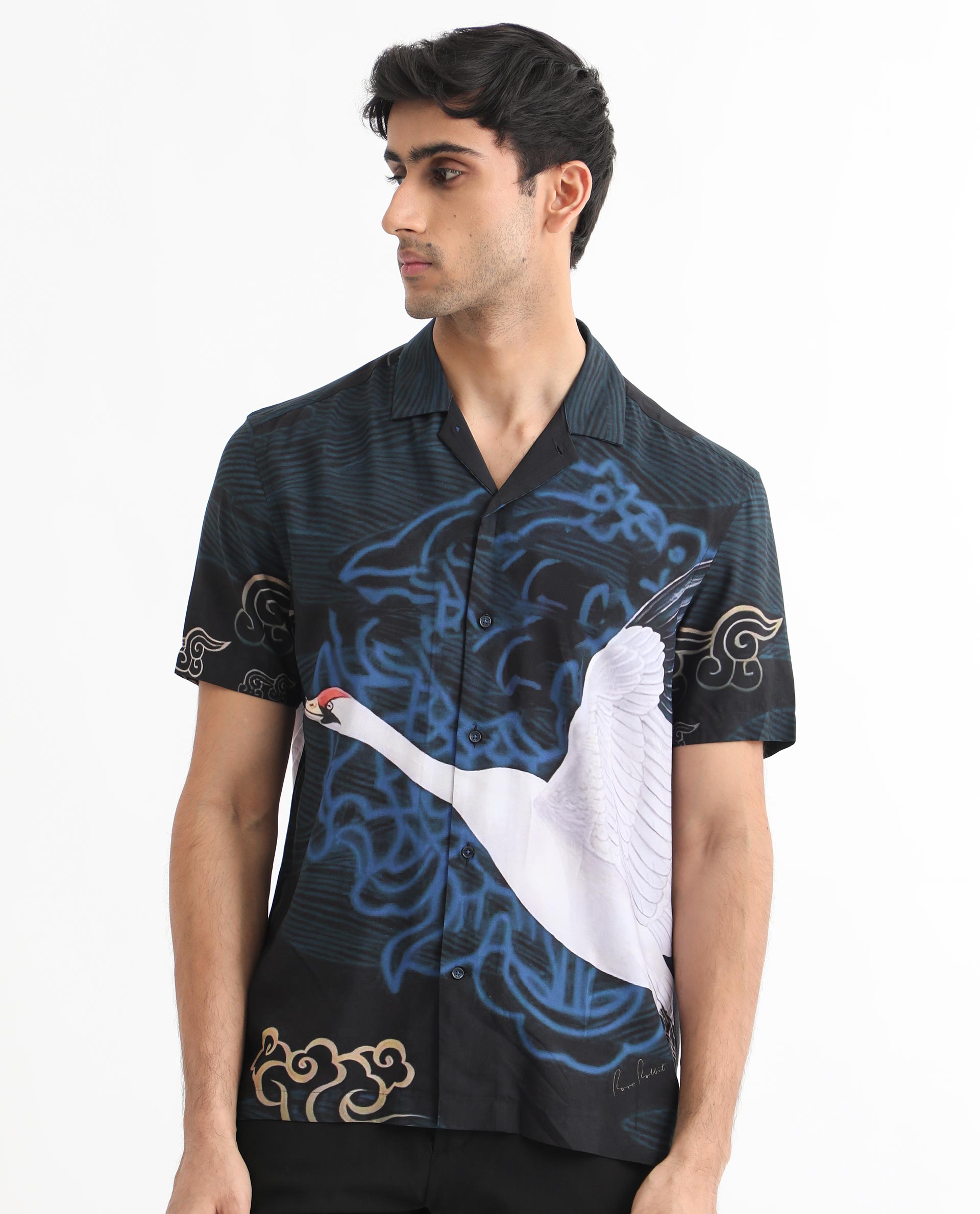 Rare Rabbit Men's Tobal Navy Cuban Collar Half Sleeves Animal Printed Shirt